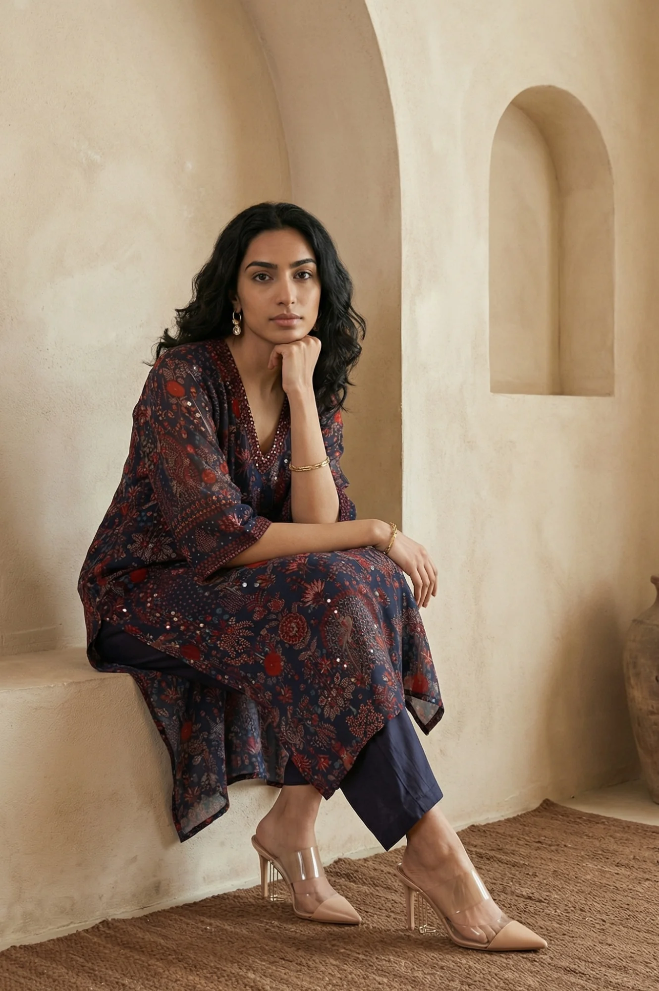 Navy Blue Floral Printed Georgette Straight Kurta with Parallel Pant Set - Image 2