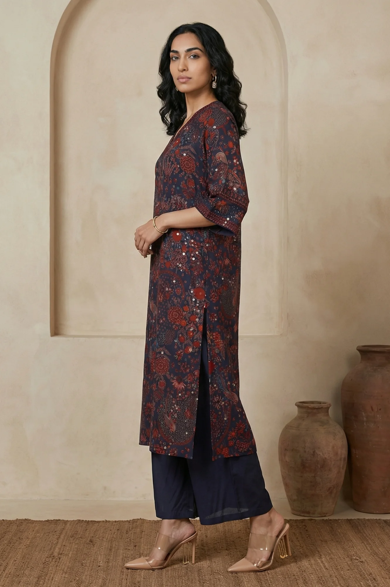 Navy Blue Floral Printed Georgette Straight Kurta with Parallel Pant Set - Image 3