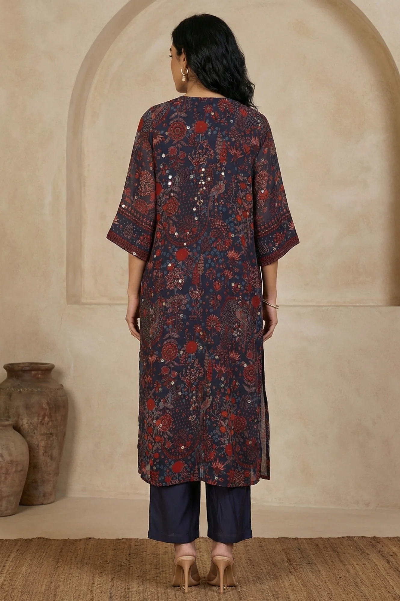 Navy Blue Floral Printed Georgette Straight Kurta with Parallel Pant Set - Image 4