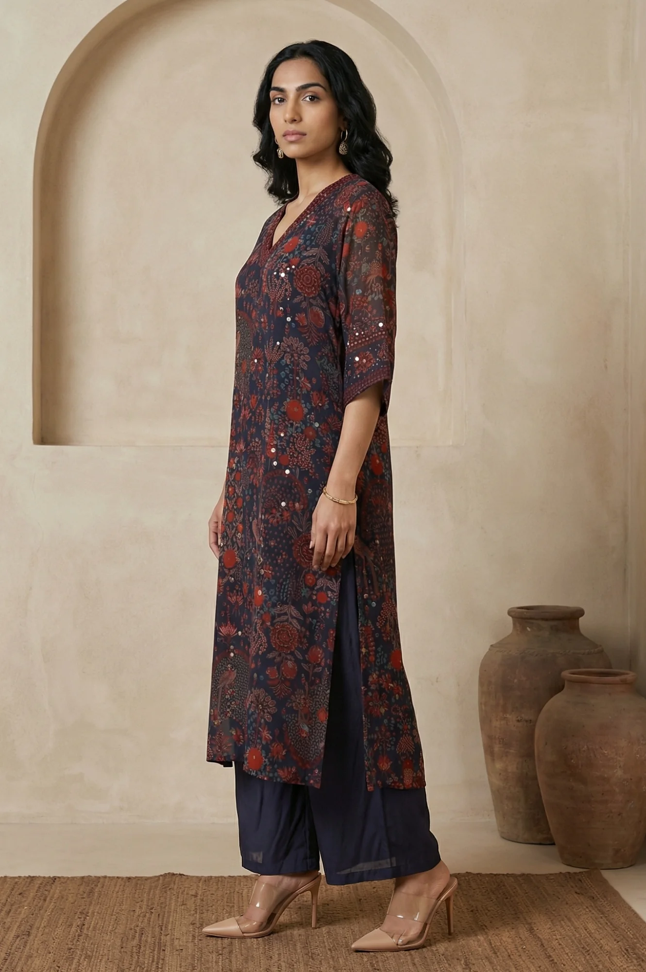 Navy Blue Floral Printed Georgette Straight Kurta with Parallel Pant Set - Image 5