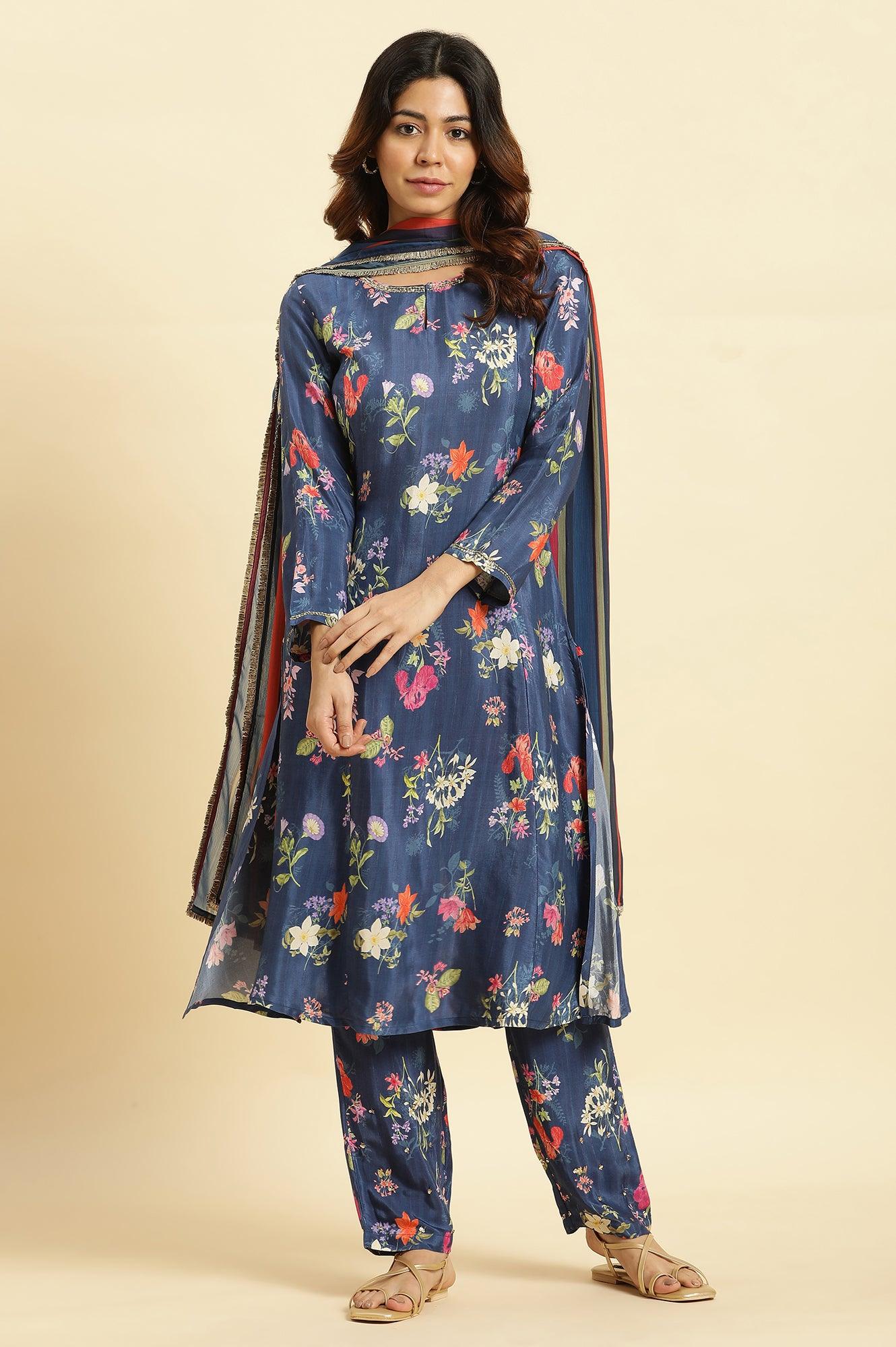 Navy Blue Floral Printed Pure Cotton Kurta, Pants with Dupatta Set - Image 4