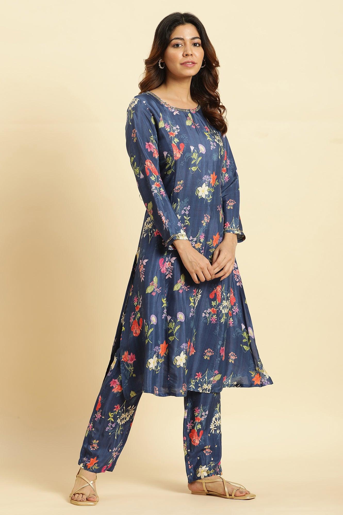 Navy Blue Floral Printed Pure Cotton Kurta, Pants with Dupatta Set - Image 7
