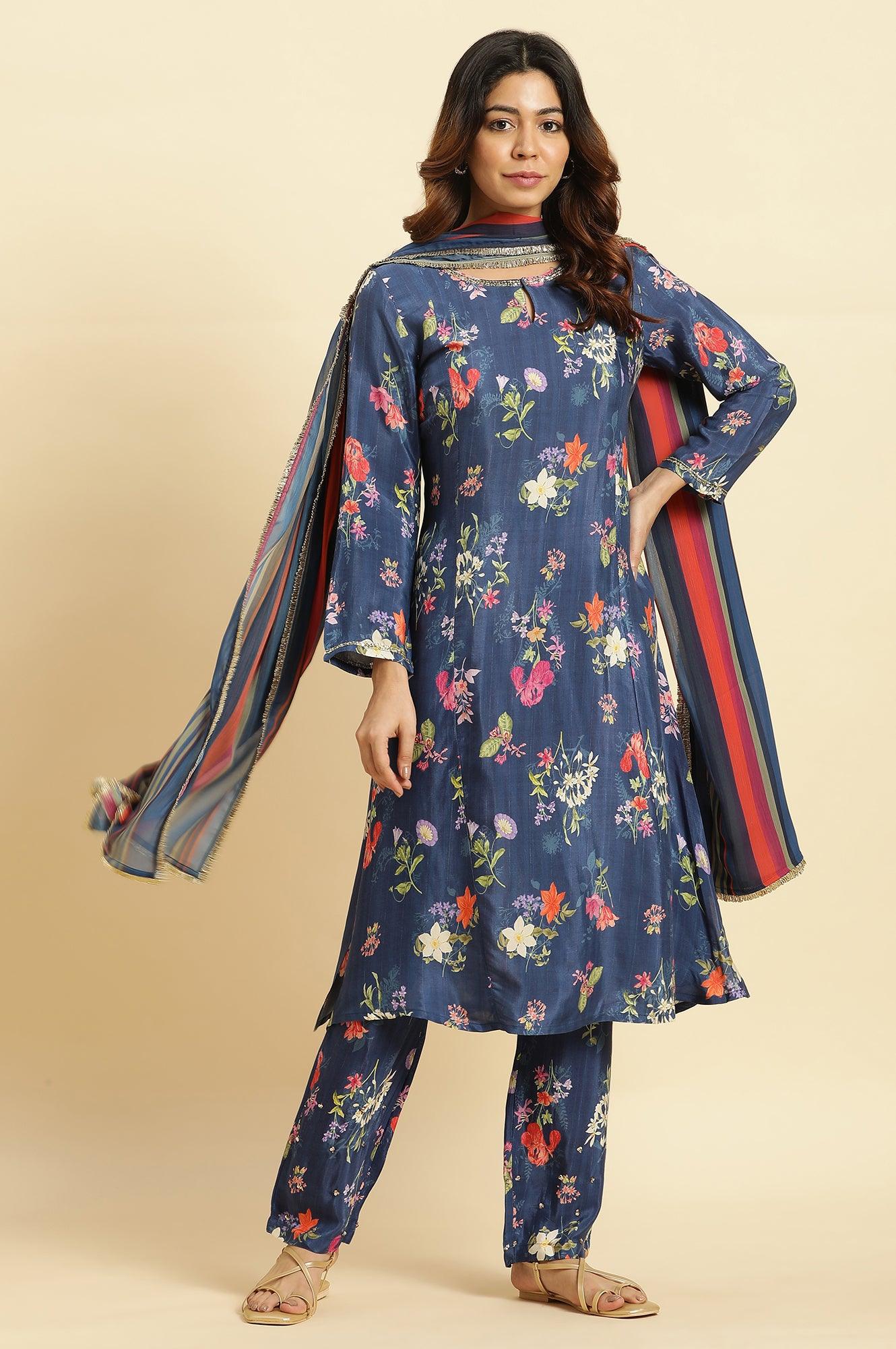 Navy Blue Floral Printed Pure Cotton Kurta, Pants with Dupatta Set - Image 8