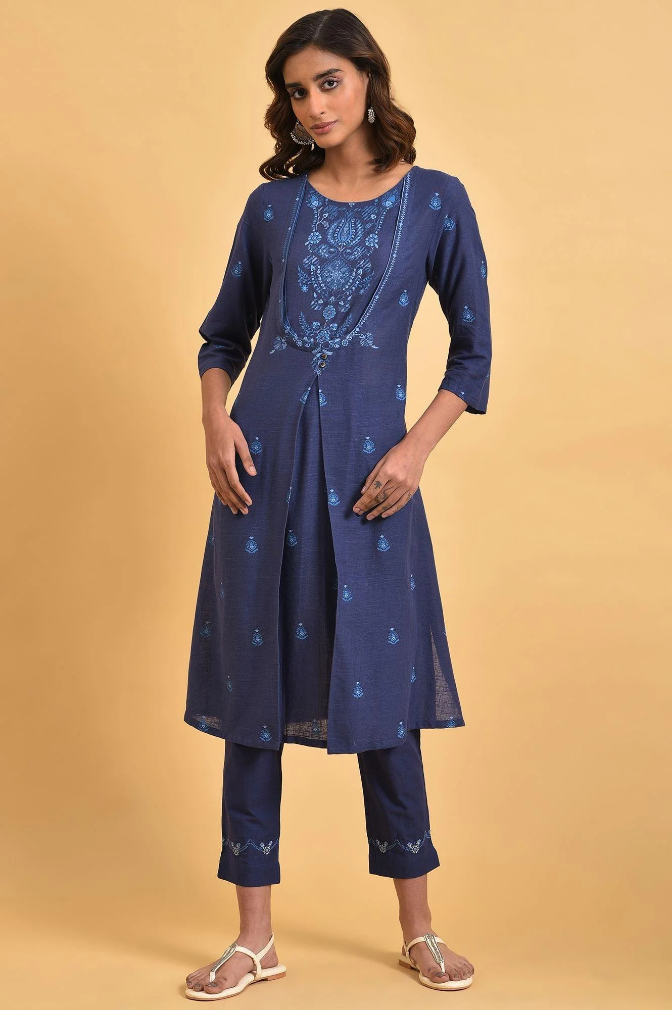 Navy Blue Floral Printed Plus Size Round Neck kurta
