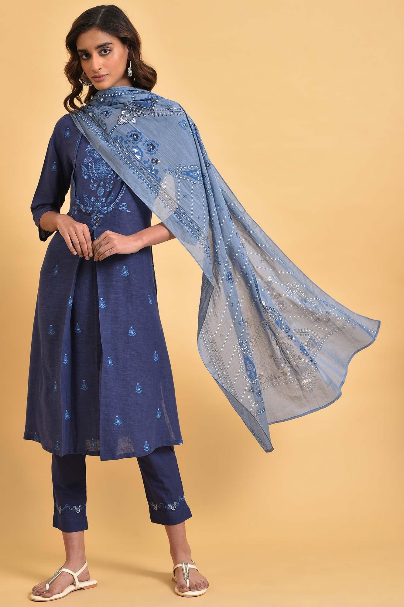 Navy Blue Floral Printed Plus Size Round Neck kurta - Image 6