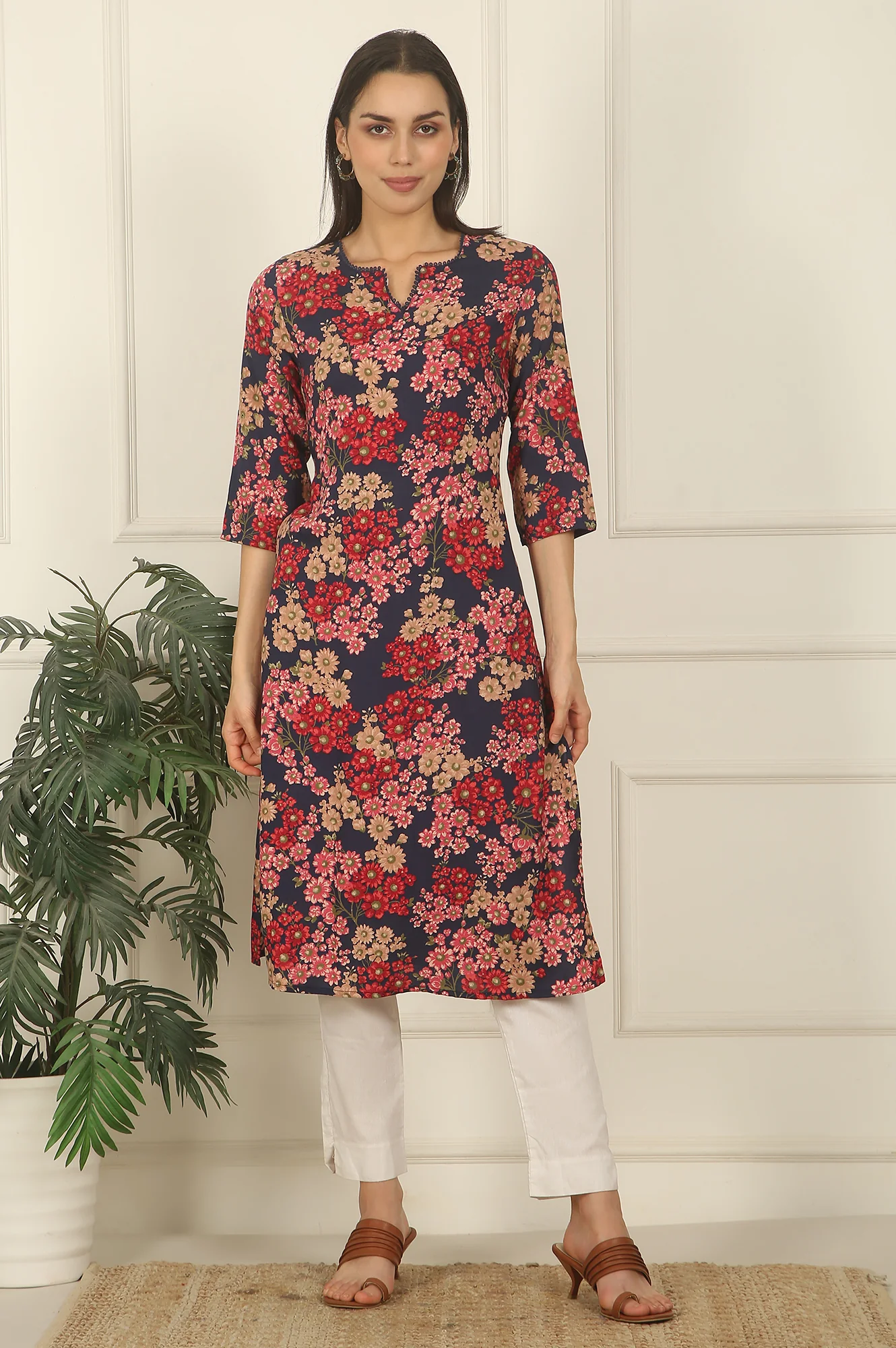 Navy Blue Floral Printed Textured Cotton Straight Summer Kurta - Image 3