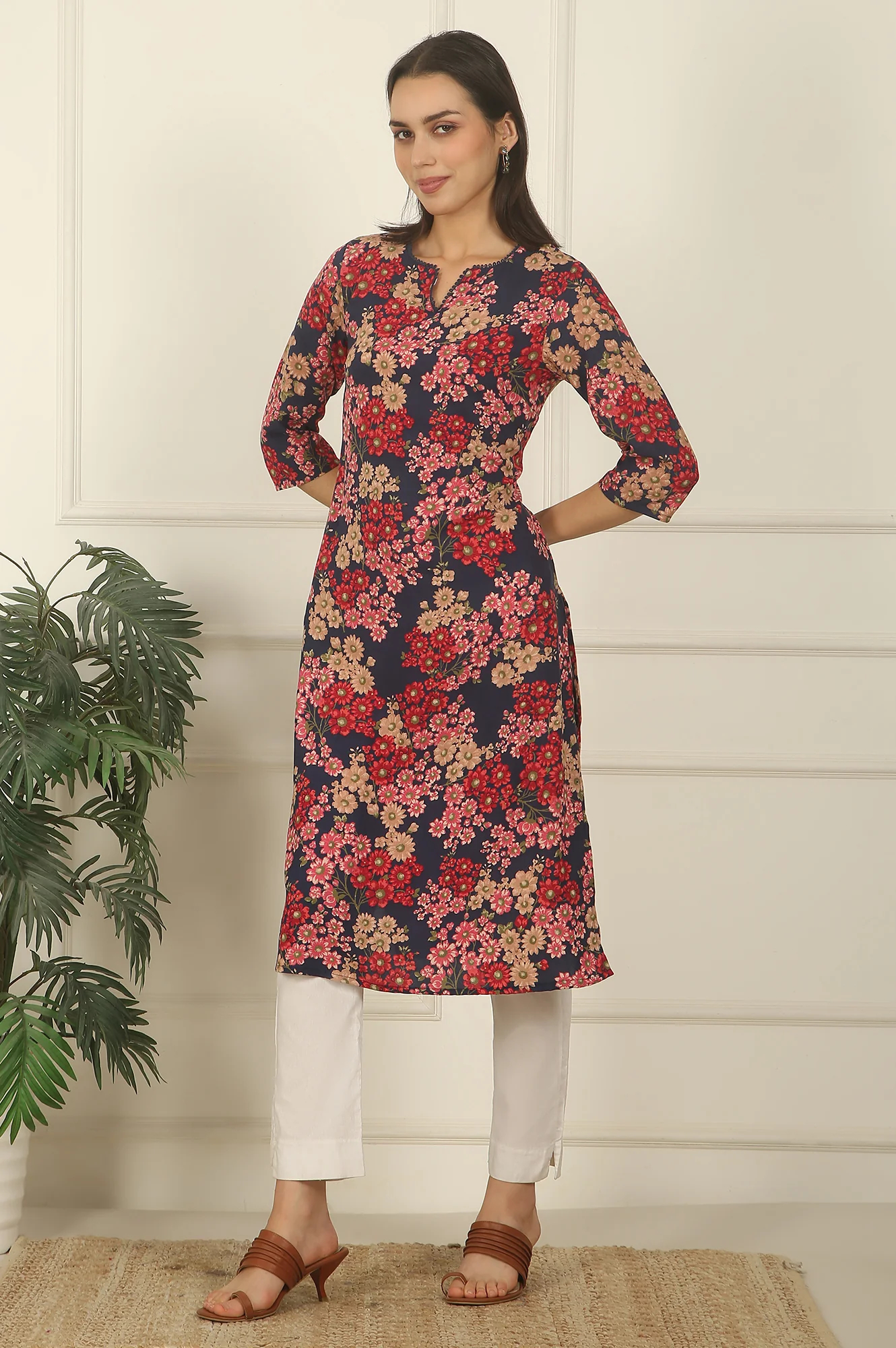 Navy Blue Floral Printed Textured Cotton Straight Summer Kurta - Image 5