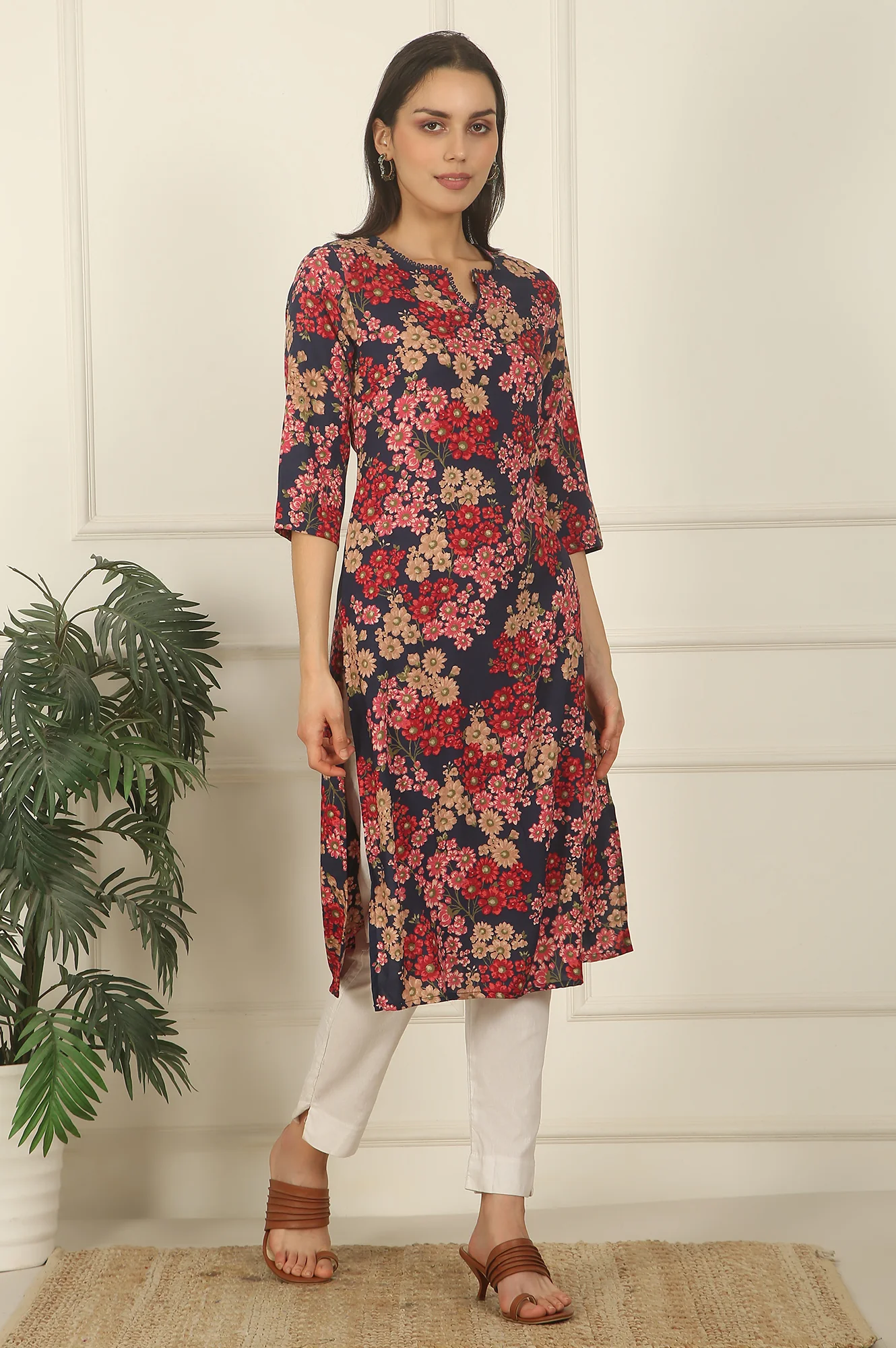 Navy Blue Floral Printed Textured Cotton Straight Summer Kurta - Image 7