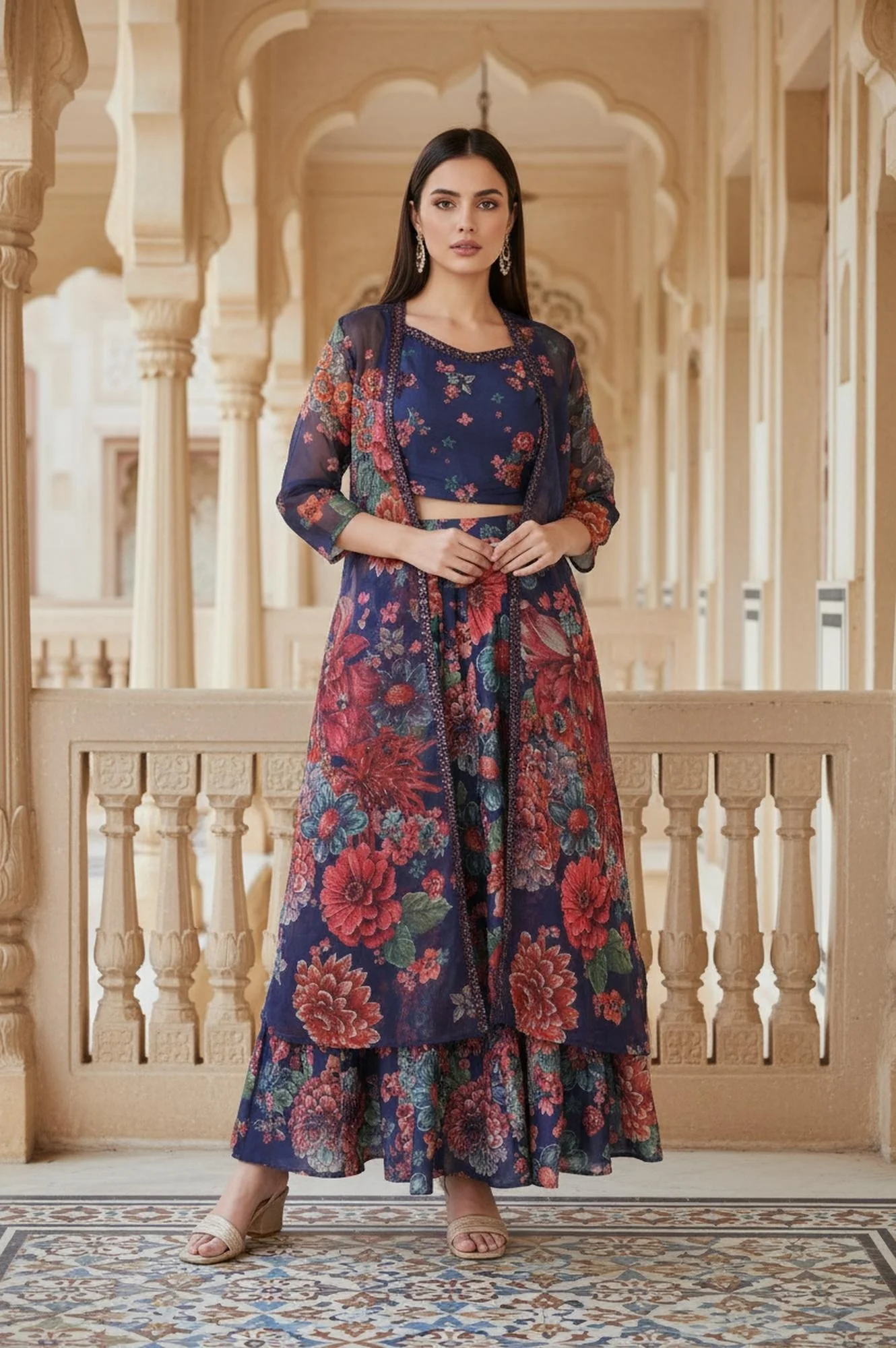 Navy Blue Floral Printed Embroidered Crop Top with Organza Jacket and Skirt Set