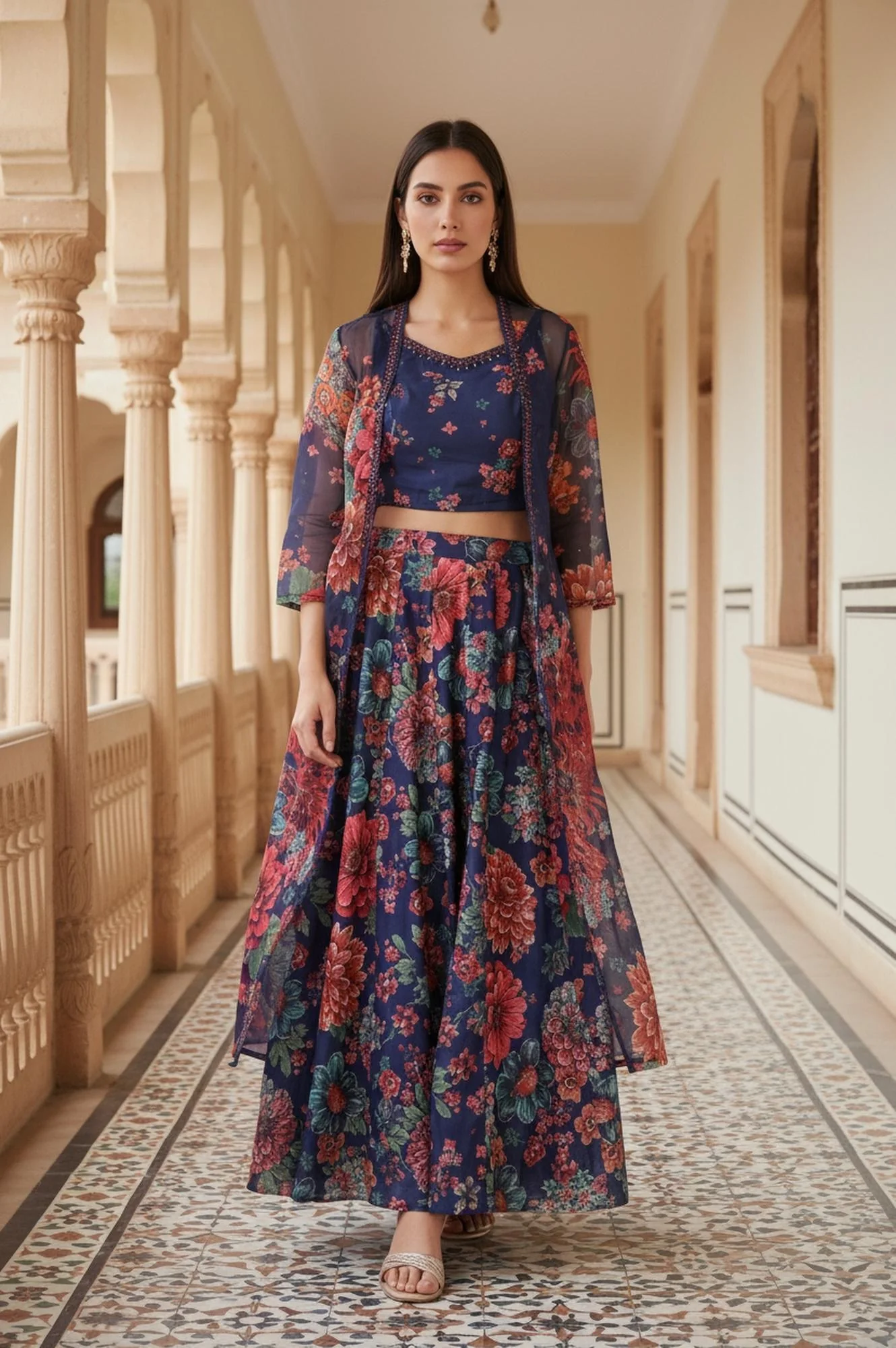 Navy Blue Floral Printed Embroidered Crop Top with Organza Jacket and Skirt Set - Image 2