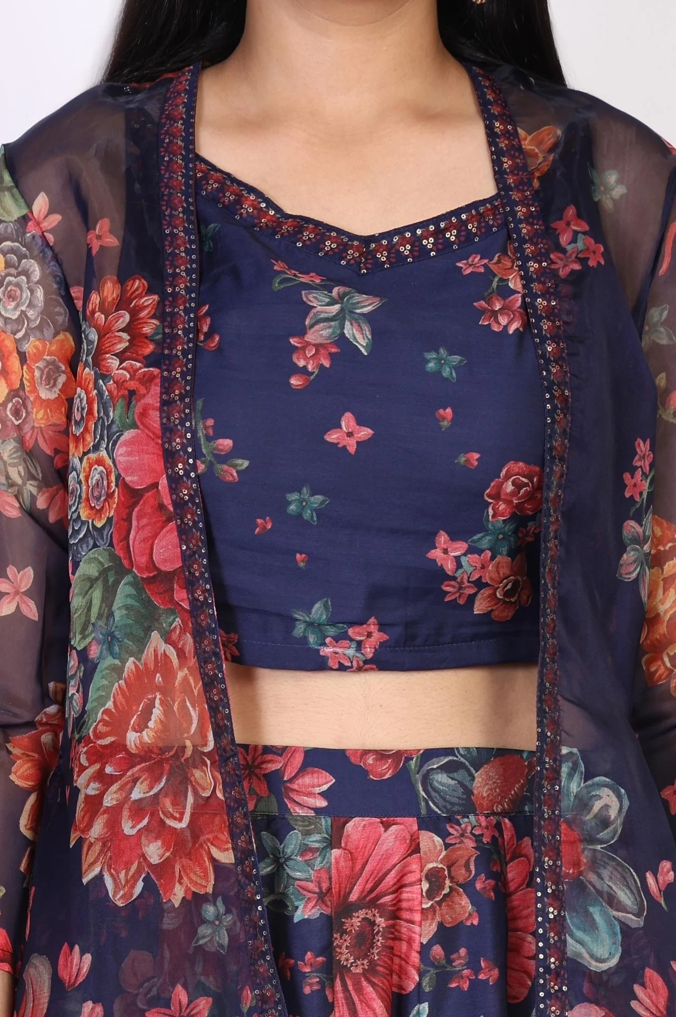Navy Blue Floral Printed Embroidered Crop Top with Organza Jacket and Skirt Set - Image 3