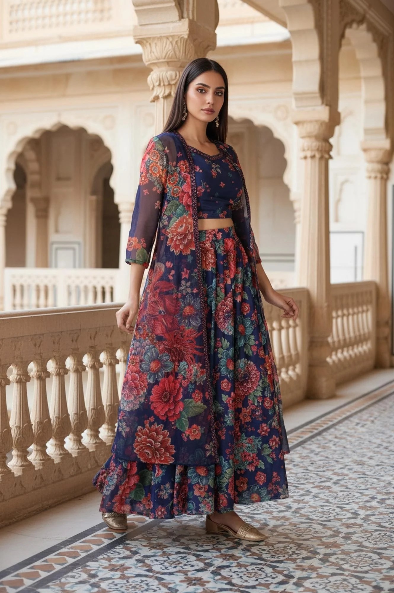 Navy Blue Floral Printed Embroidered Crop Top with Organza Jacket and Skirt Set - Image 4