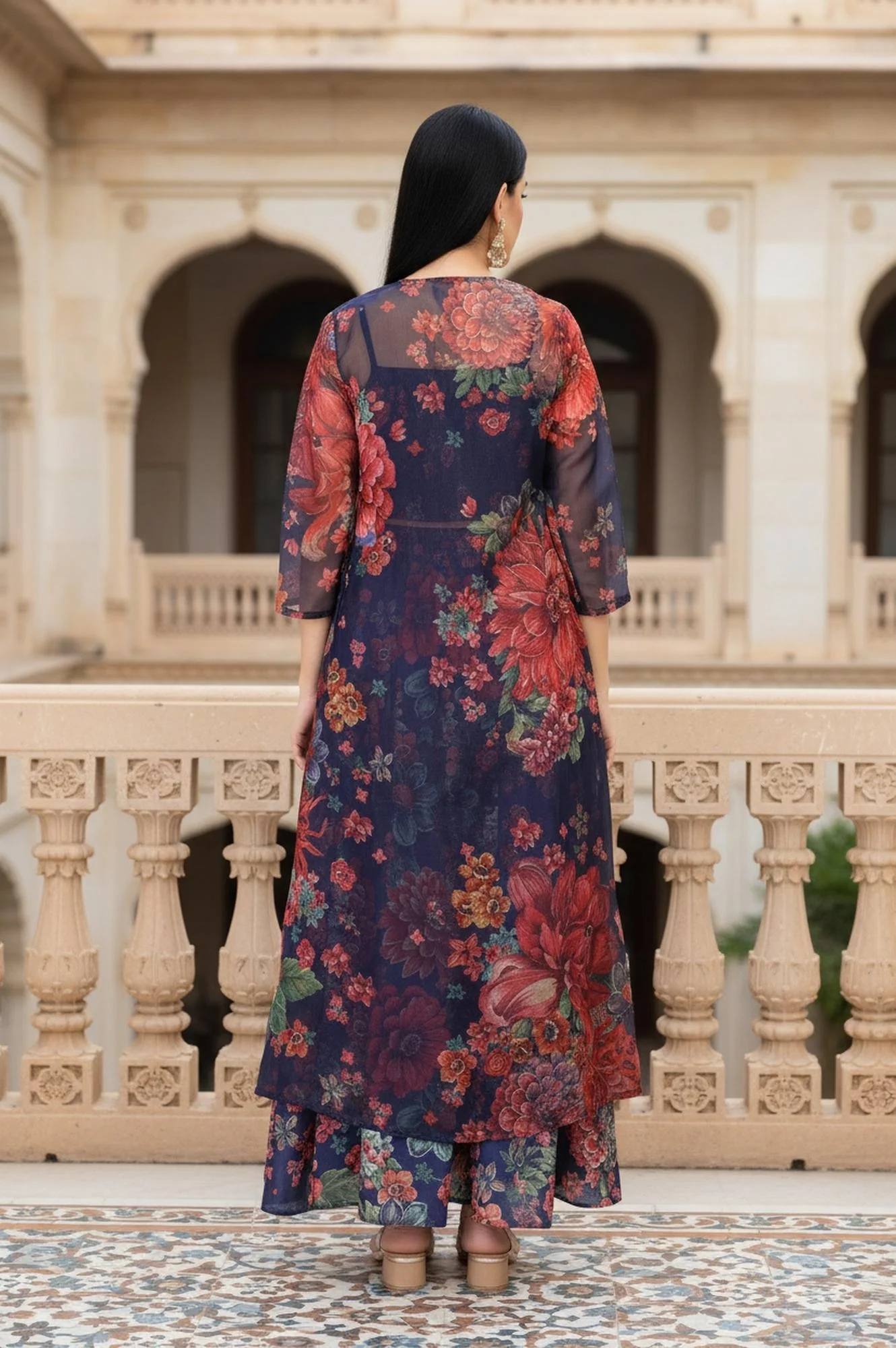 Navy Blue Floral Printed Embroidered Crop Top with Organza Jacket and Skirt Set - Image 5