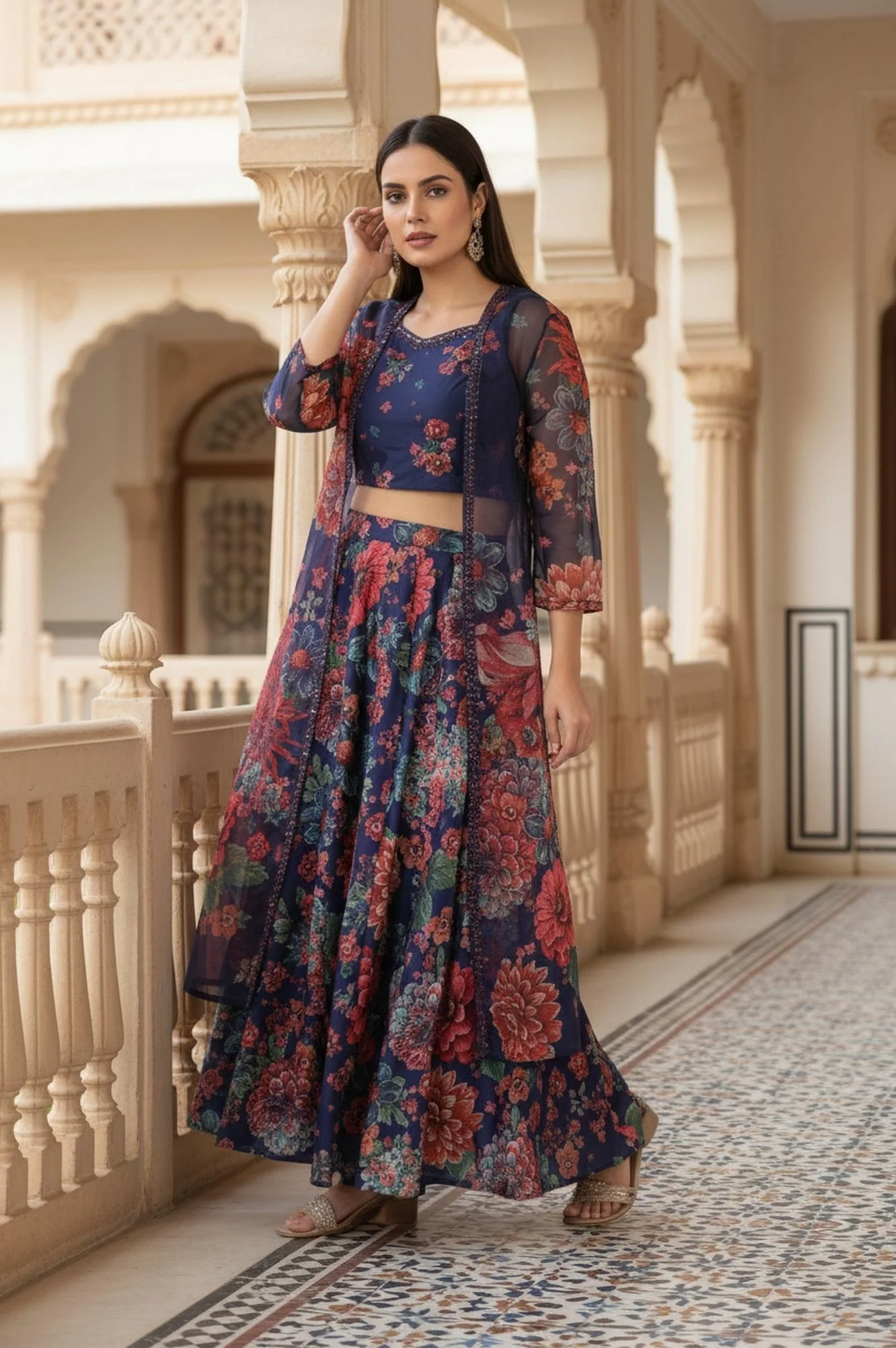 Navy Blue Floral Printed Embroidered Crop Top with Organza Jacket and Skirt Set - Image 6