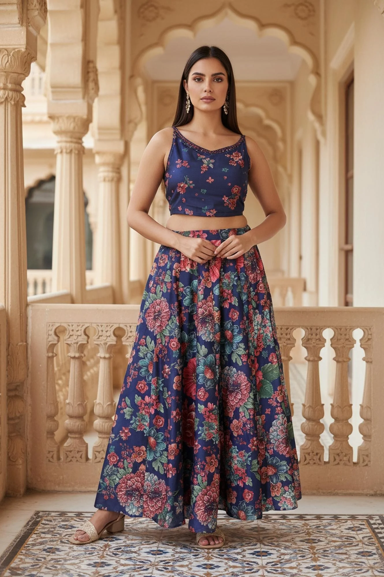 Navy Blue Floral Printed Embroidered Crop Top with Organza Jacket and Skirt Set - Image 7