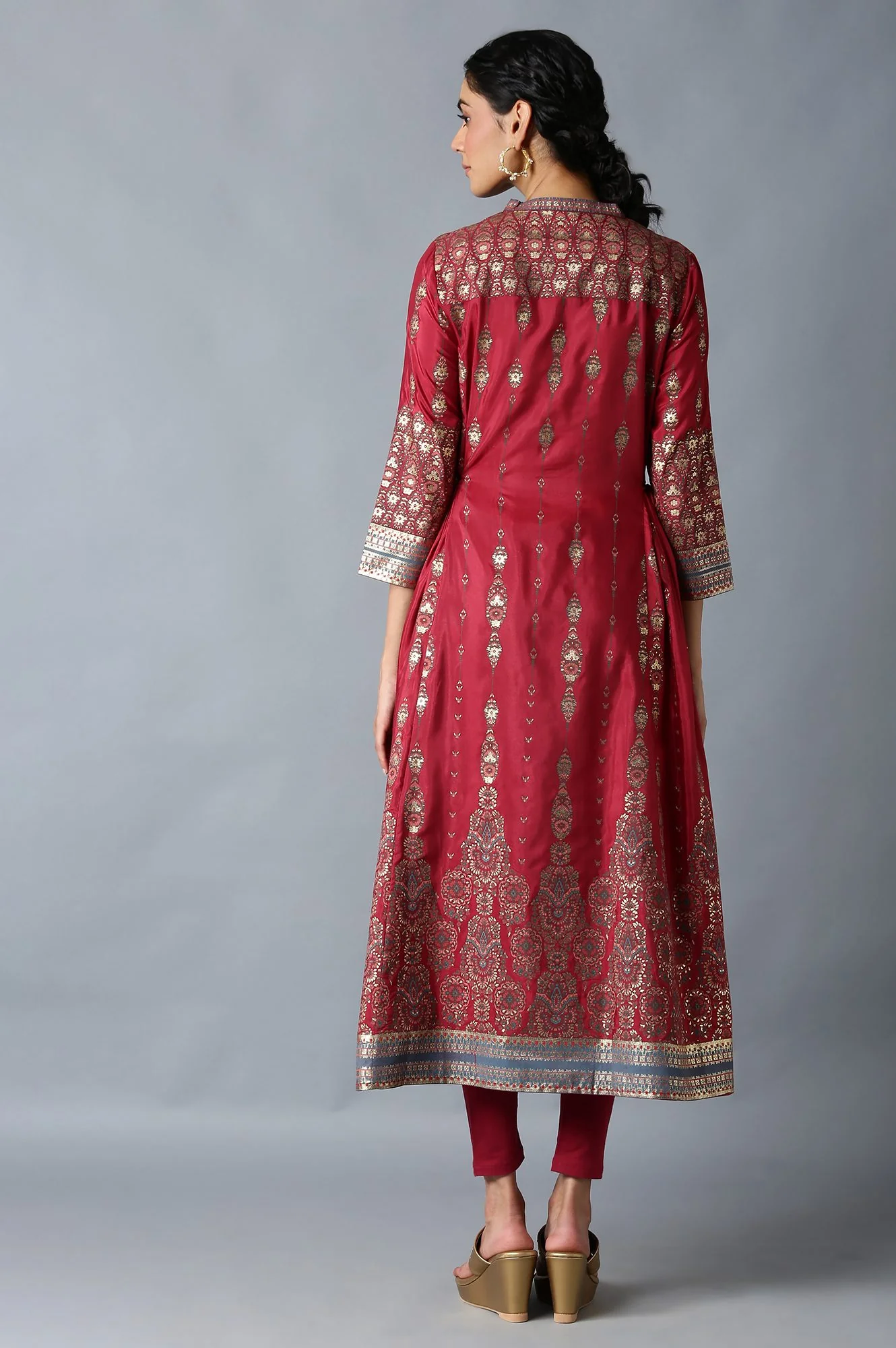 Red Foil Floral Print kurta with Tights - Image 2