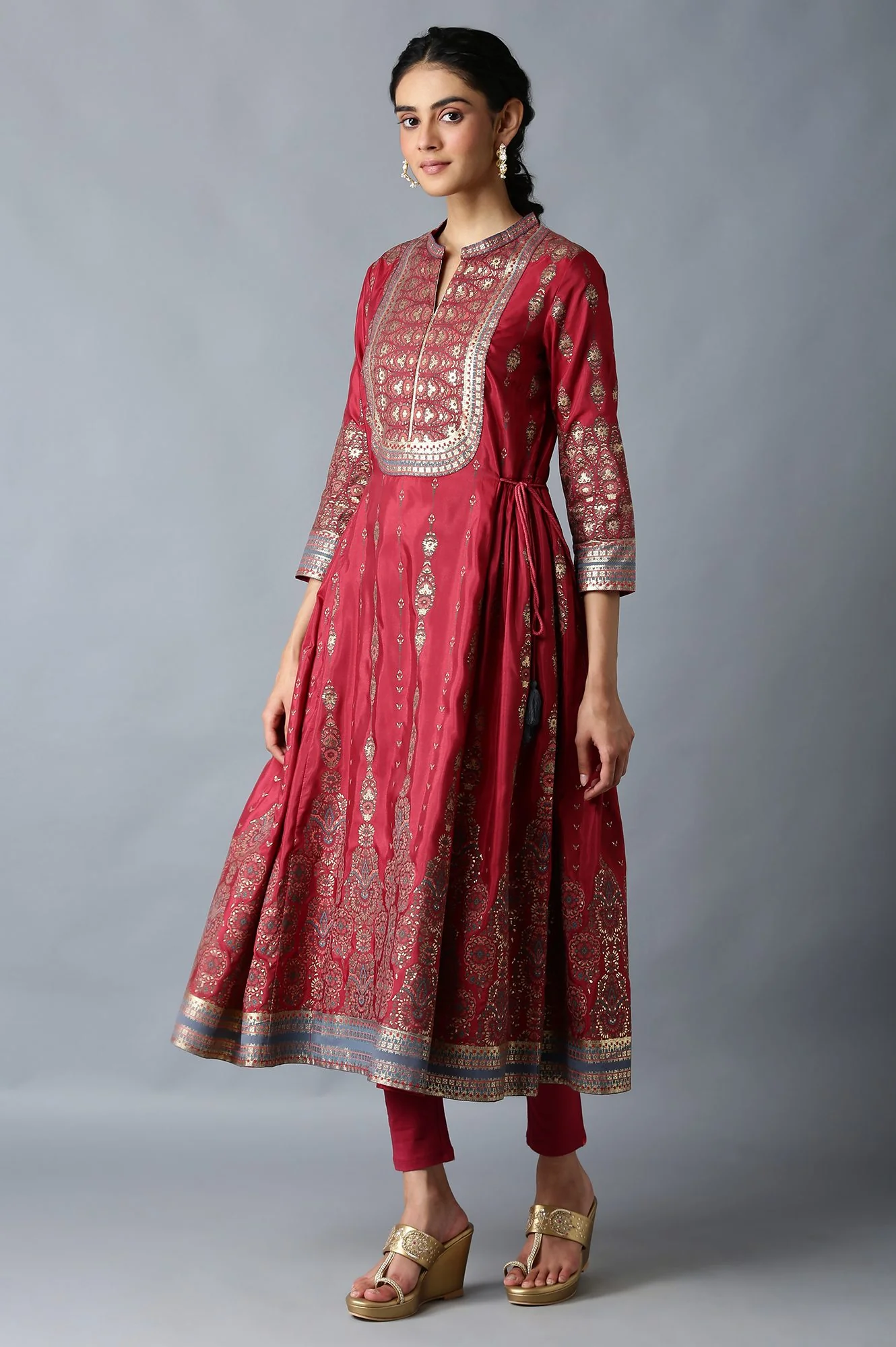 Red Foil Floral Print kurta with Tights - Image 3