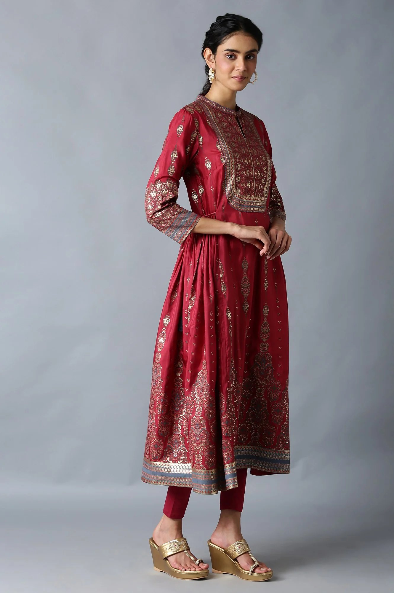 Red Foil Floral Print kurta with Tights - Image 4