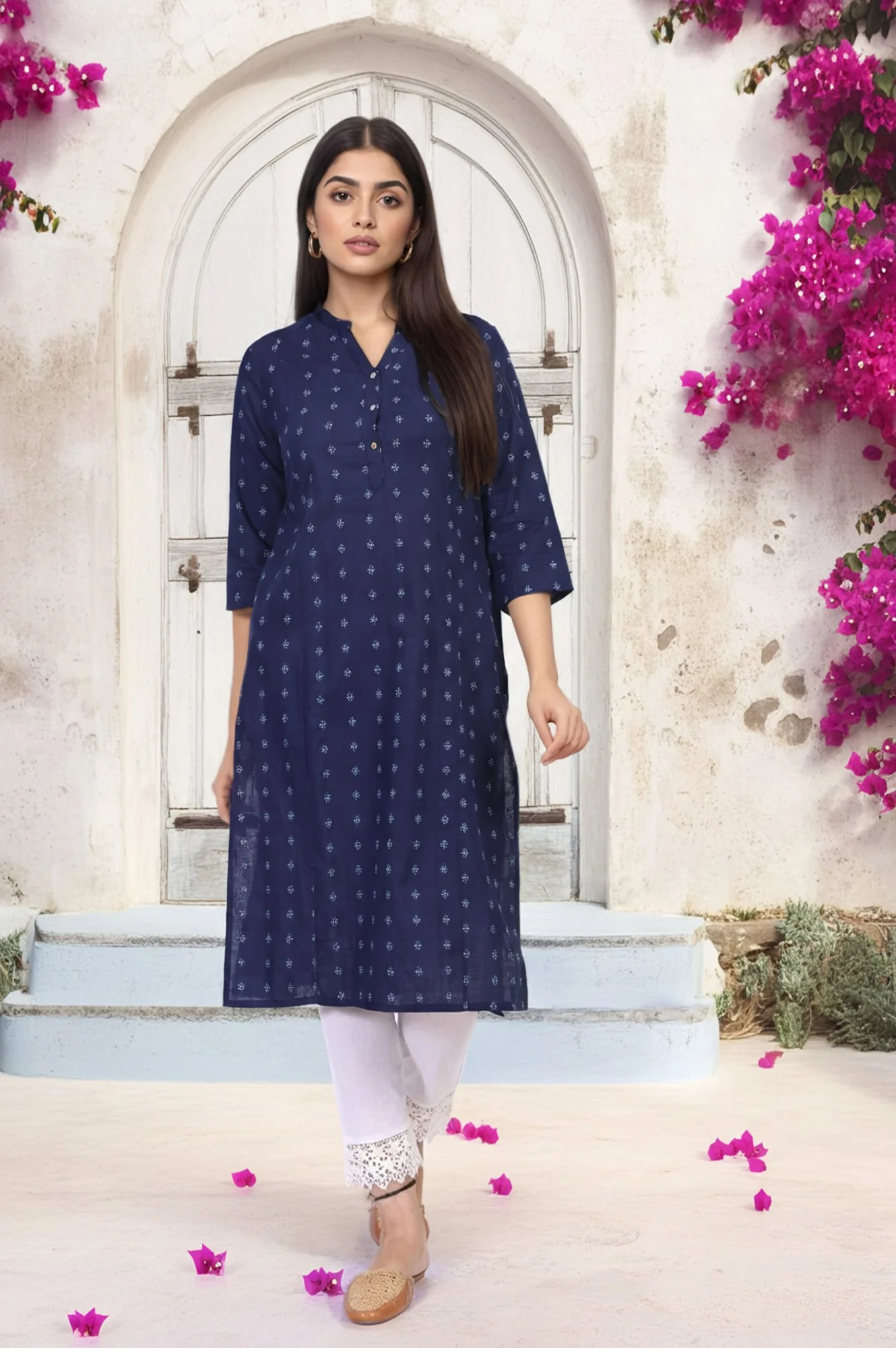 Navy Blue Geometric Printed Straight Rayon Kurta - Image 2