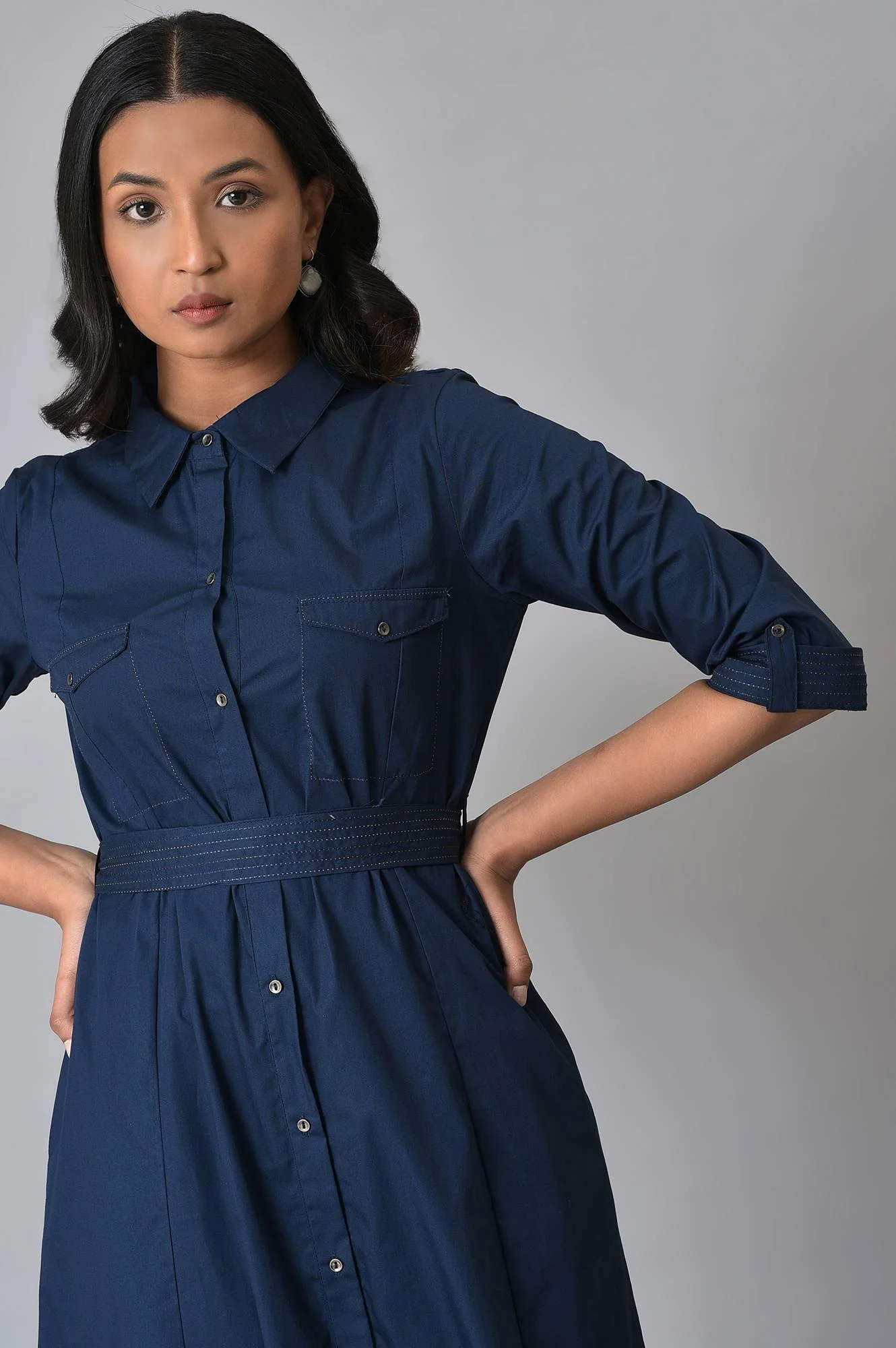 Navy Blue Long Shirt Western Dress with Belt for Women - Image 5