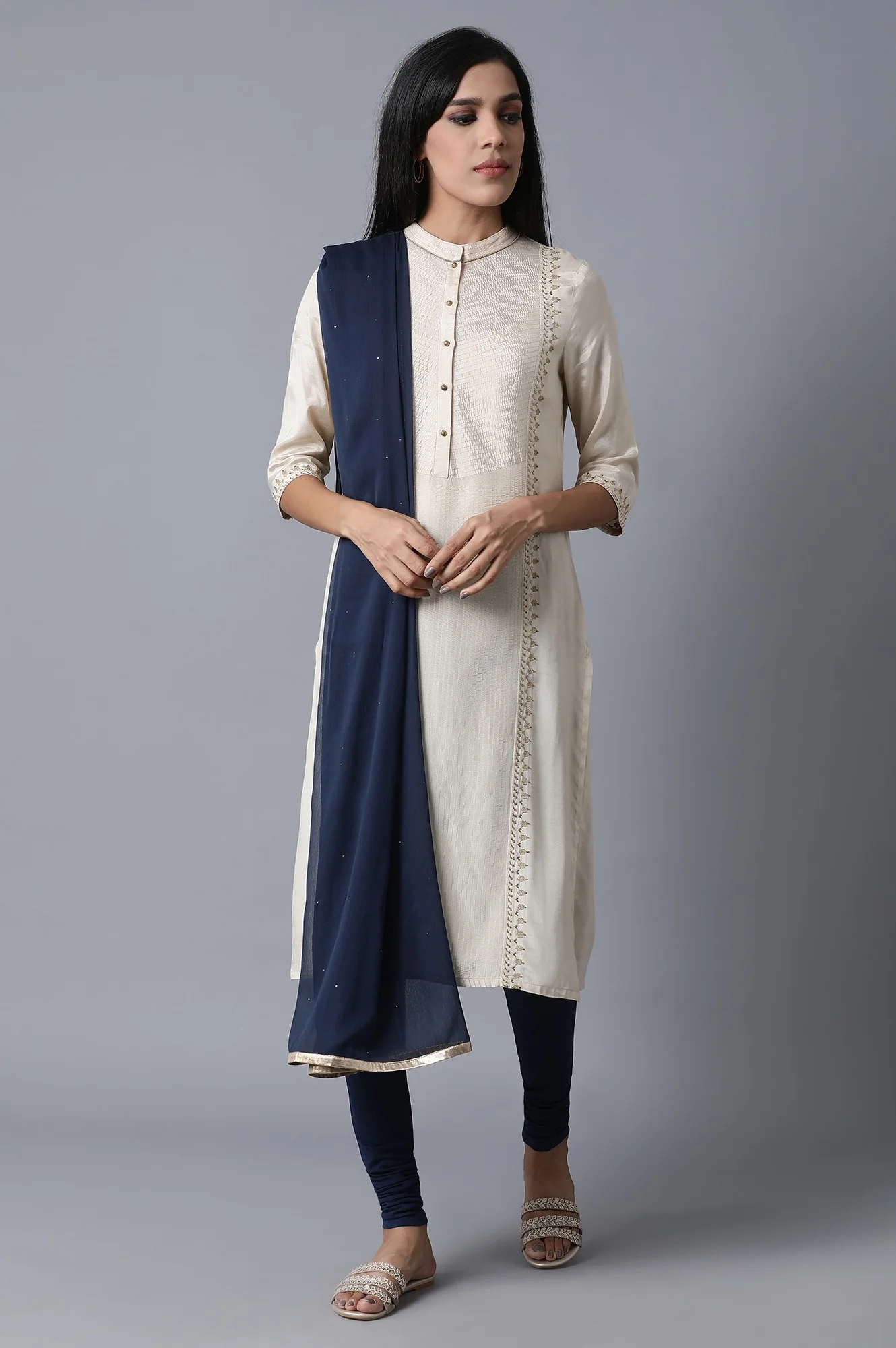 Navy Blue Mukaish Dupatta - Image 2