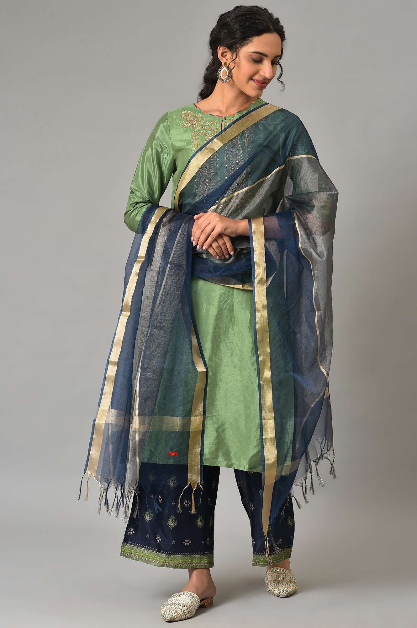 Navy Blue Organza Dupatta With Zari Woven - Image 2
