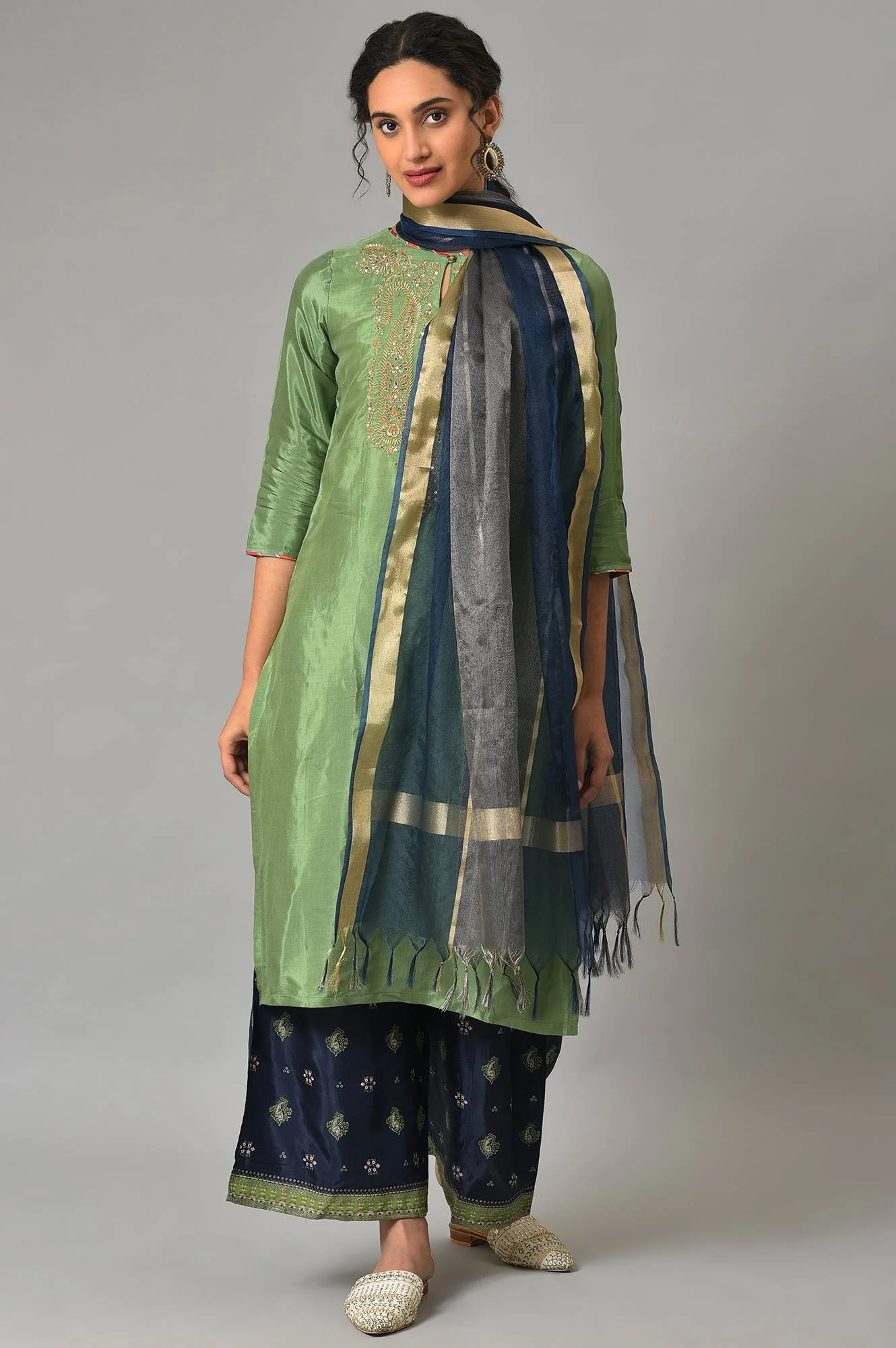 Navy Blue Organza Dupatta With Zari Woven - Image 3