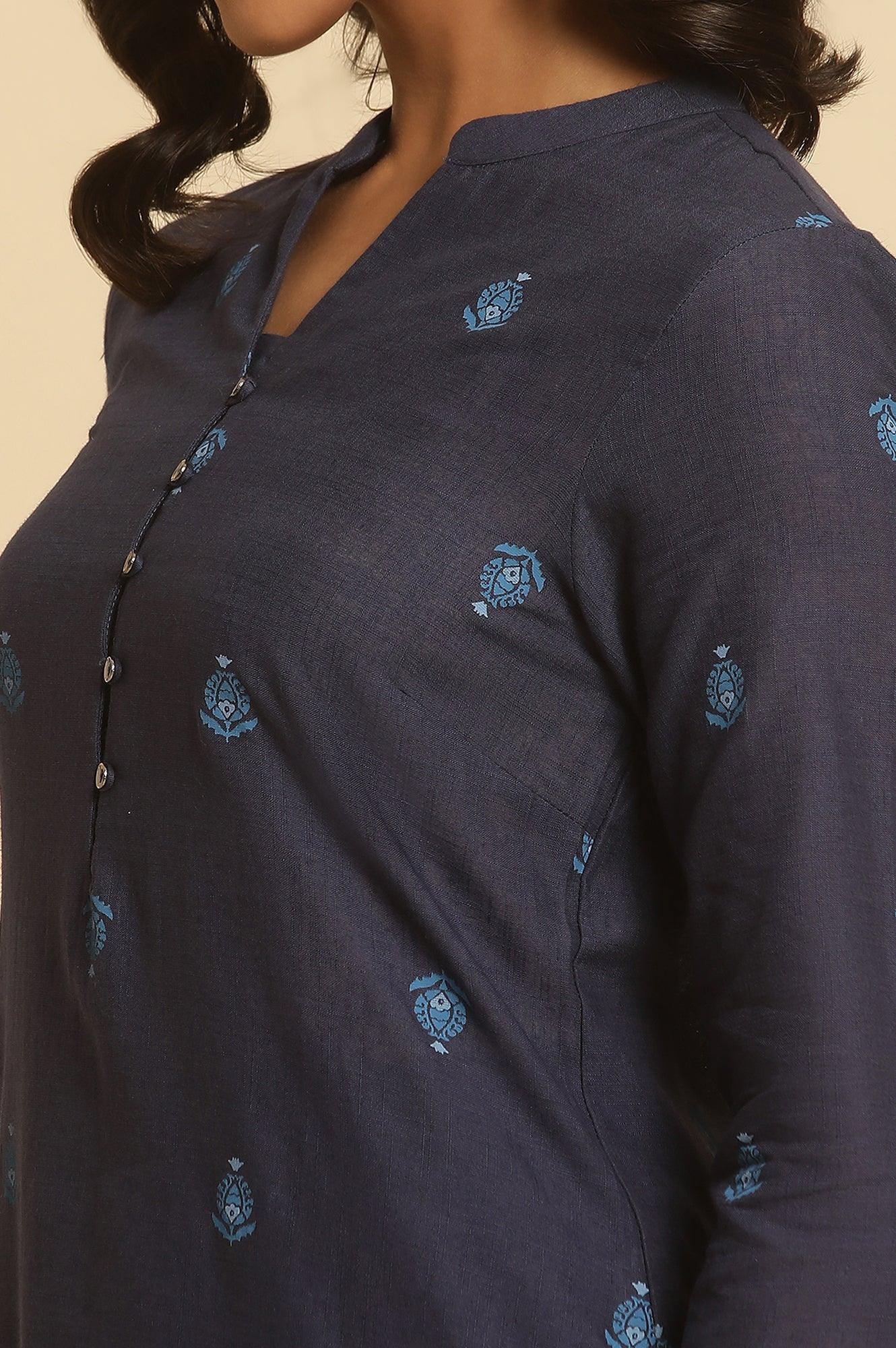 Navy Blue Printed Cotton Kurta And Pants Set - Image 7