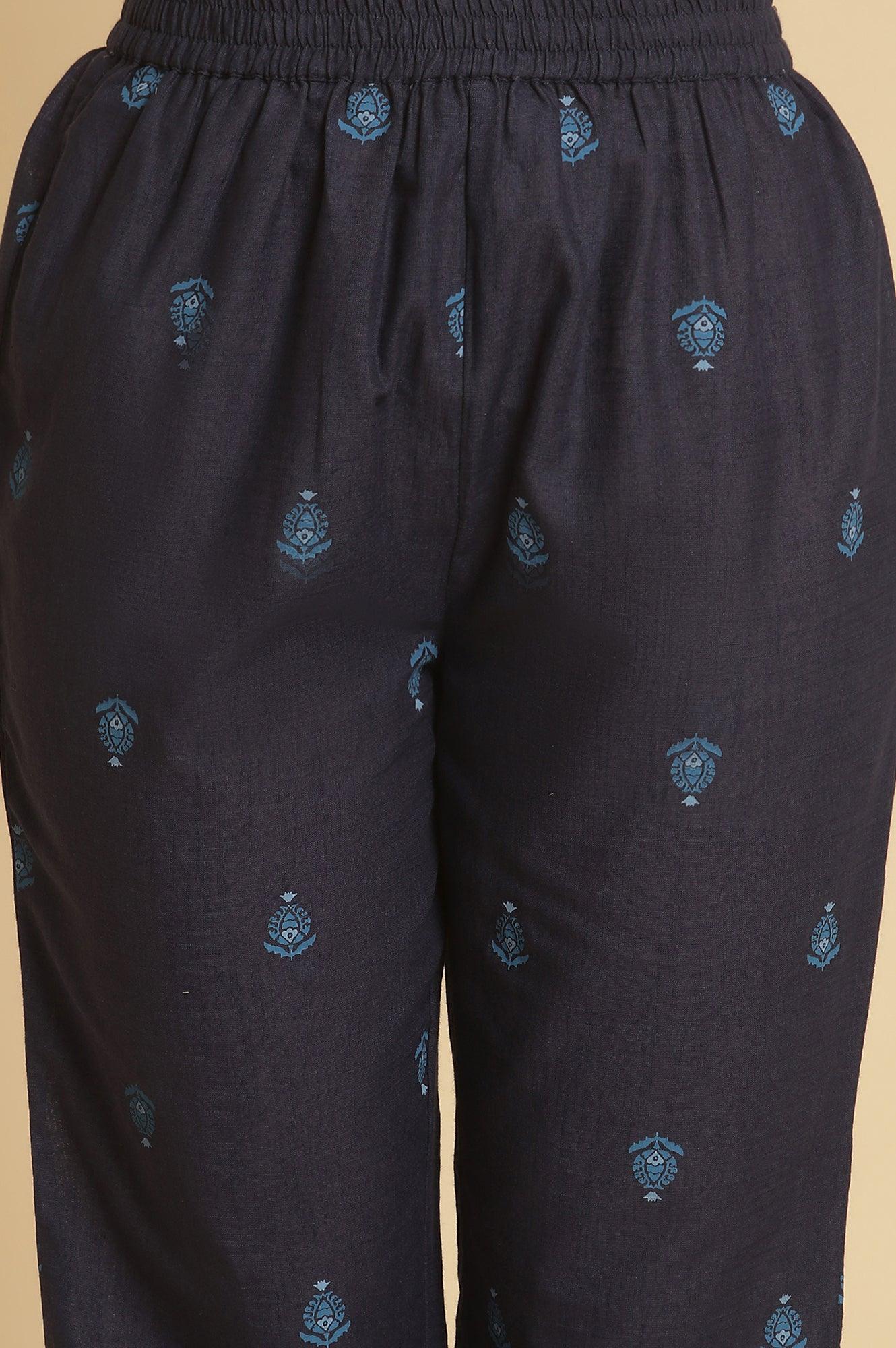 Navy Blue Printed Cotton Kurta And Pants Set - Image 8
