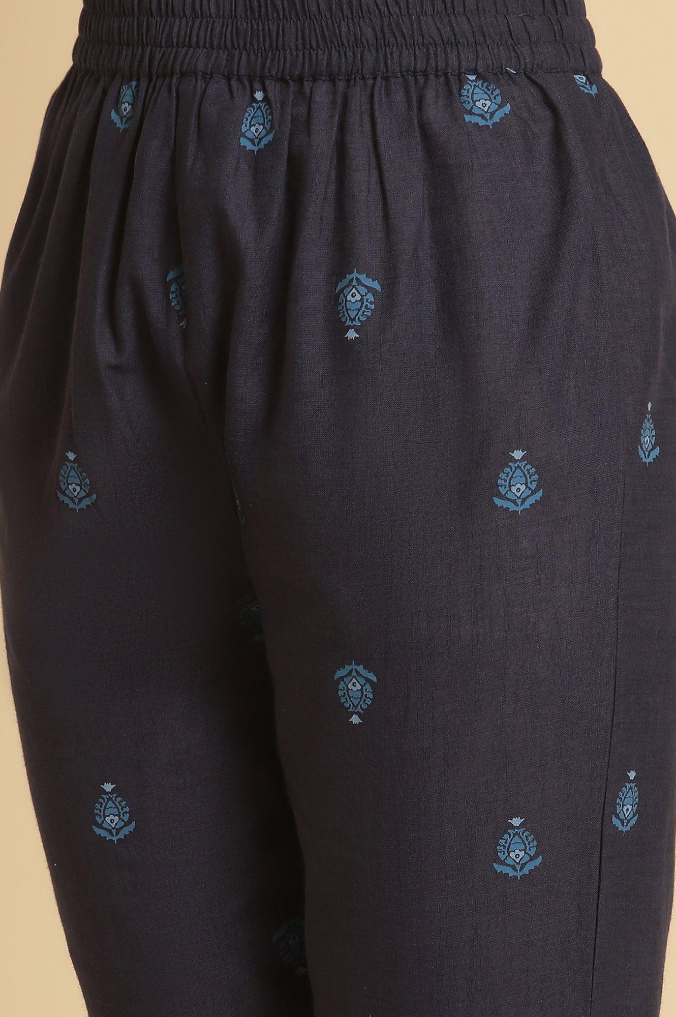 Navy Blue Printed Cotton Kurta And Pants Set - Image 9