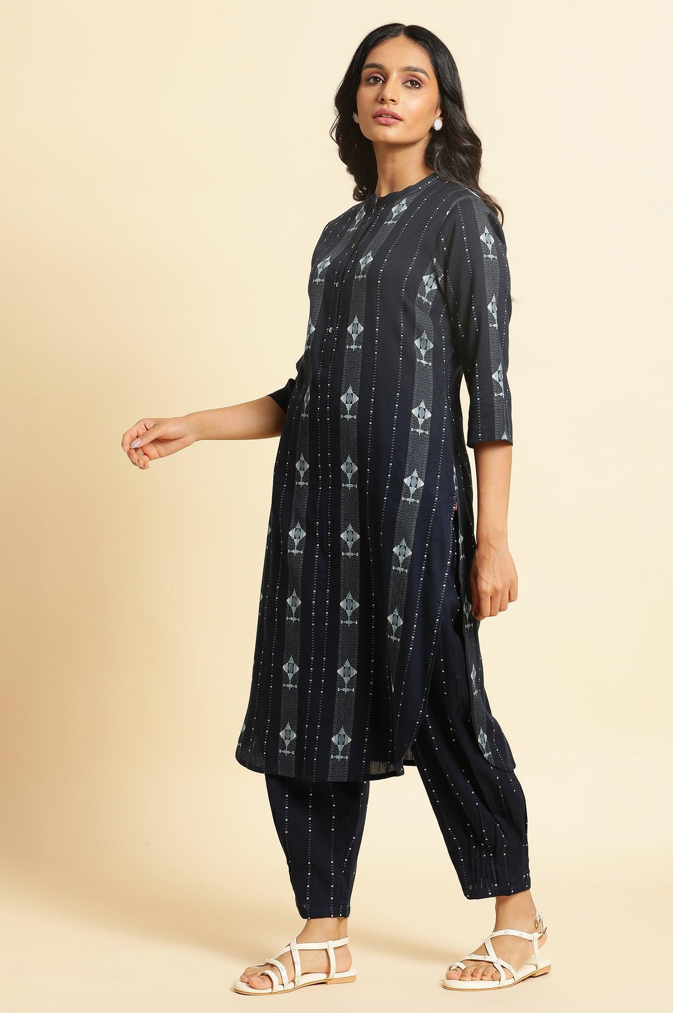 Navy Blue Printed Cotton Kurta and Pleated Pants Set - Image 2