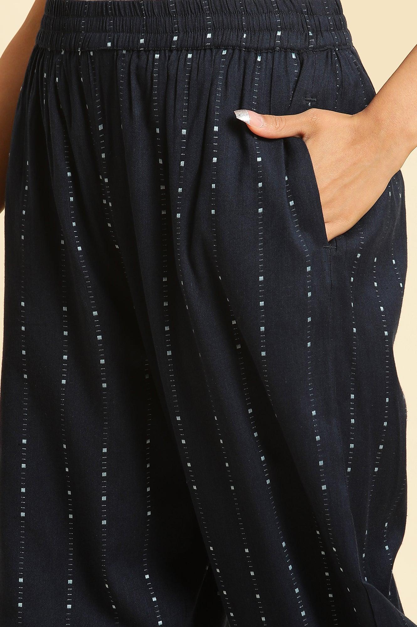 Navy Blue Printed Cotton Kurta and Pleated Pants Set - Image 7