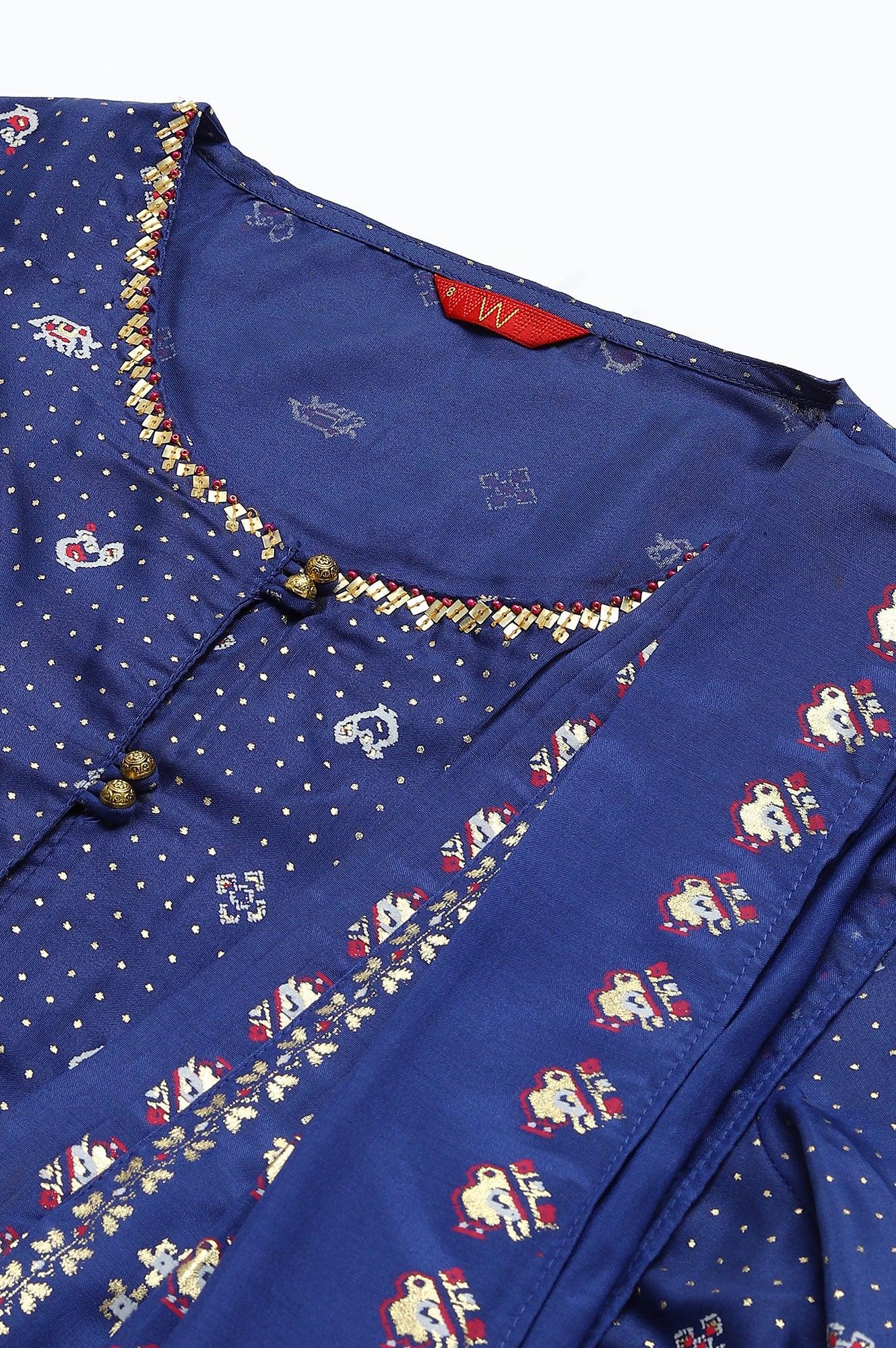 Navy Blue Printed Draped A-Line kurta With Tights - Image 2