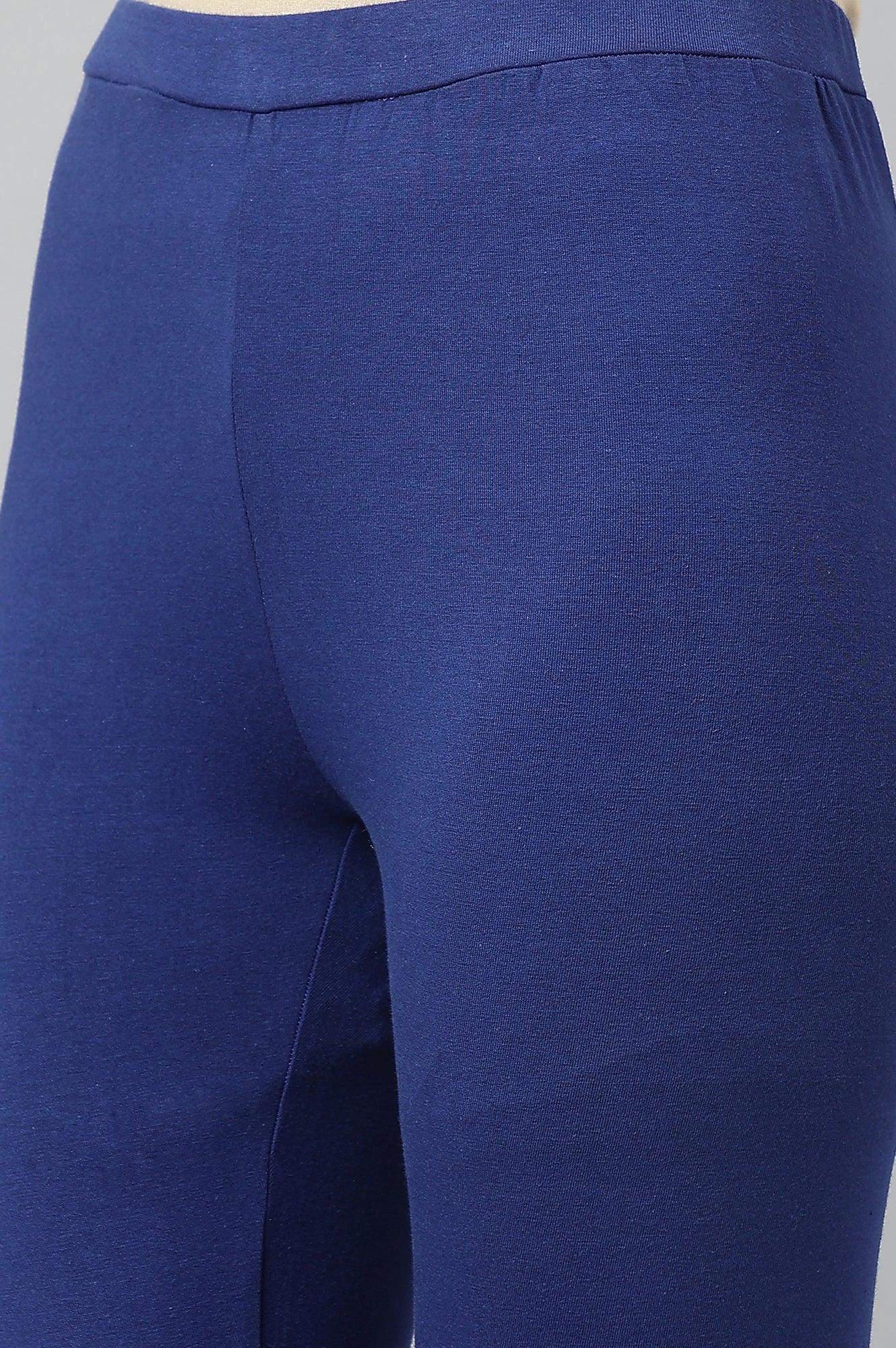 Navy Blue Printed Draped A-Line kurta With Tights - Image 3