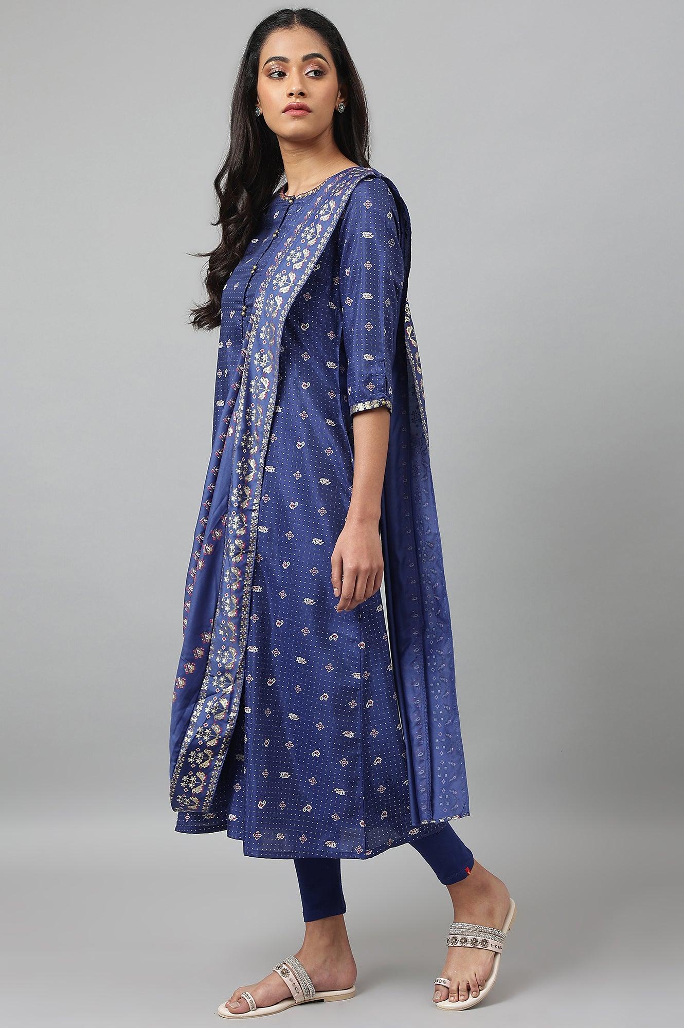 Navy Blue Printed Draped A-Line kurta With Tights - Image 4