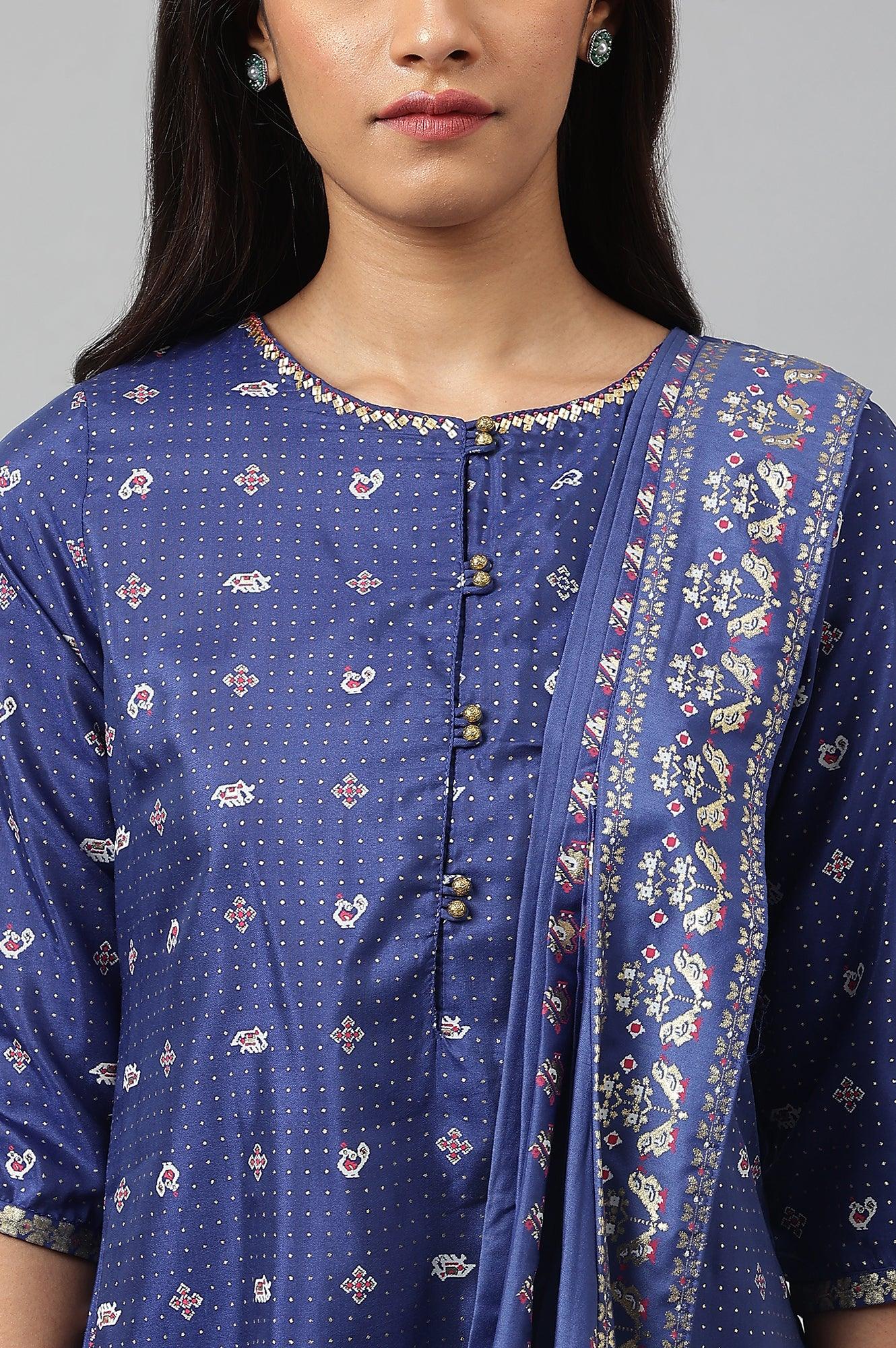 Navy Blue Printed Draped A-Line kurta With Tights - Image 9