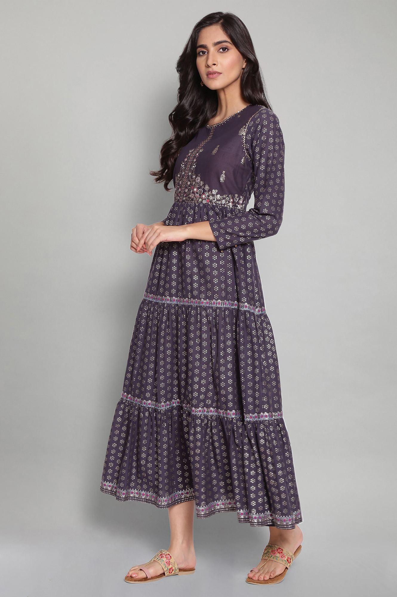 Navy Blue Printed Dress with Embroidery - Image 3