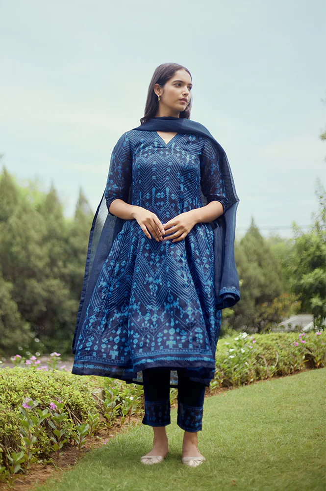Navy Blue Printed Kota Kurta, Pants And Dupatta Set