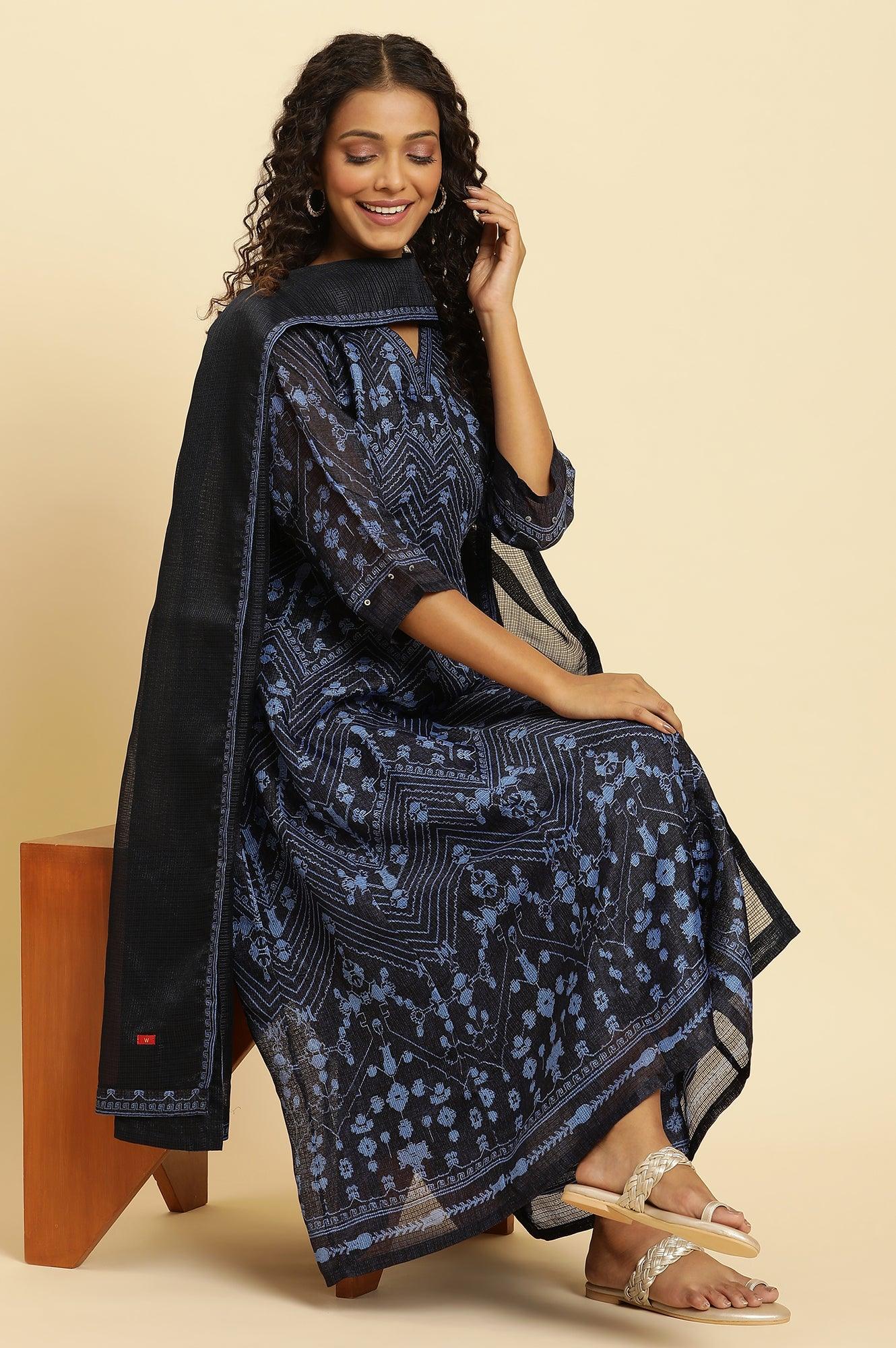 Navy Blue Printed Kota Kurta, Pants And Dupatta Set - Image 2