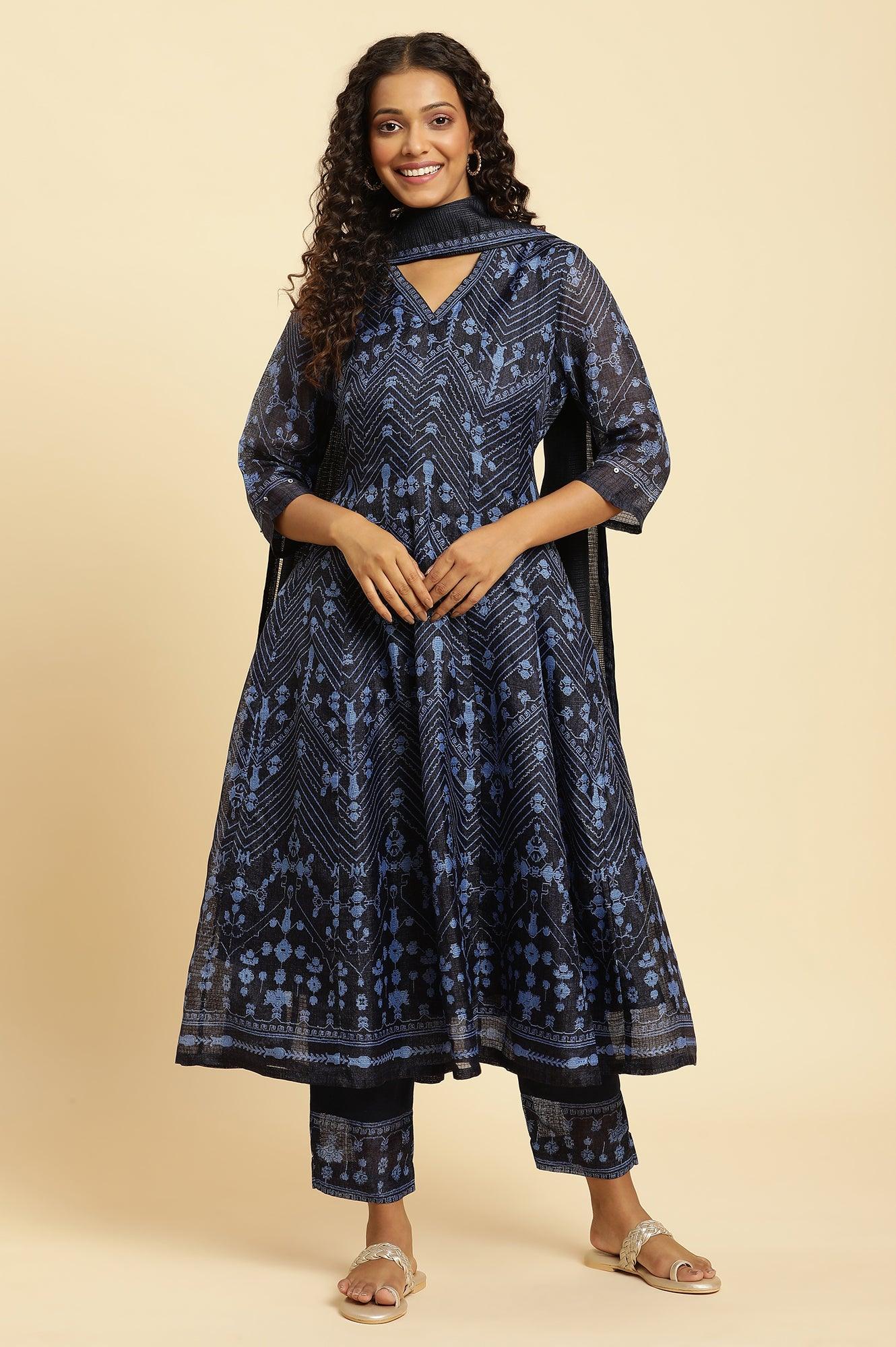 Navy Blue Printed Kota Kurta, Pants And Dupatta Set - Image 3