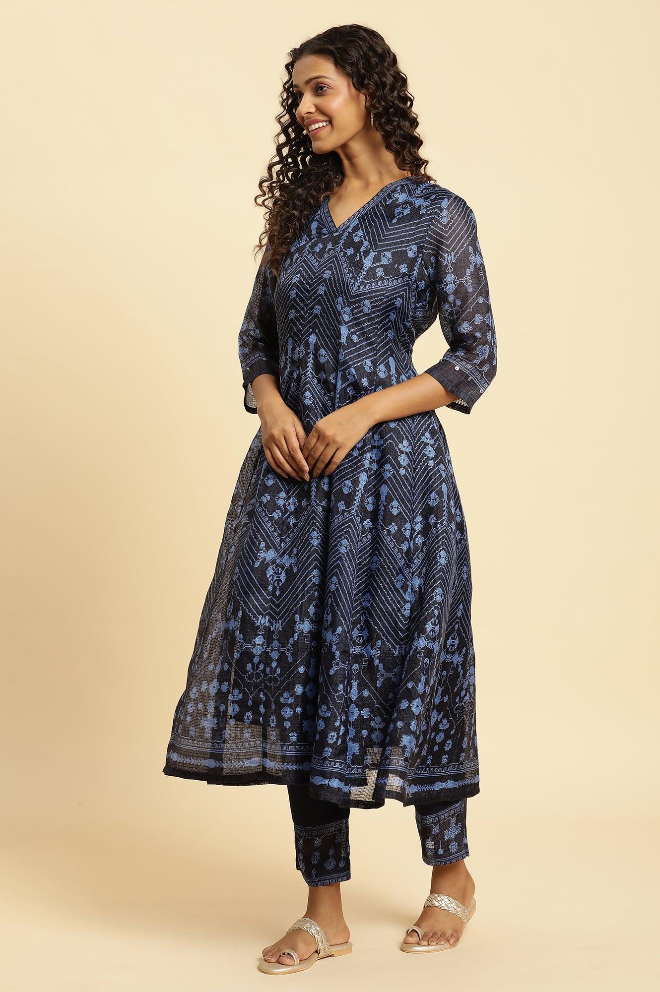 Navy Blue Printed Kota Kurta, Pants And Dupatta Set - Image 4