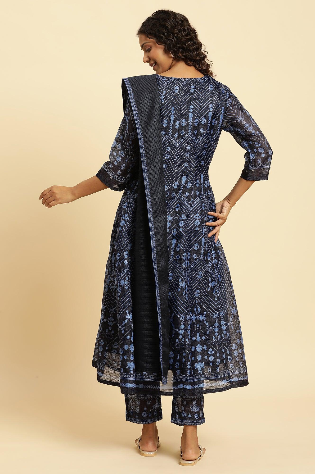 Navy Blue Printed Kota Kurta, Pants And Dupatta Set - Image 5