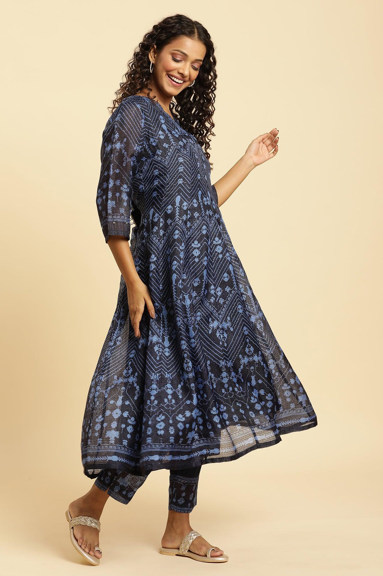 Navy Blue Printed Kota Kurta, Pants And Dupatta Set - Image 6