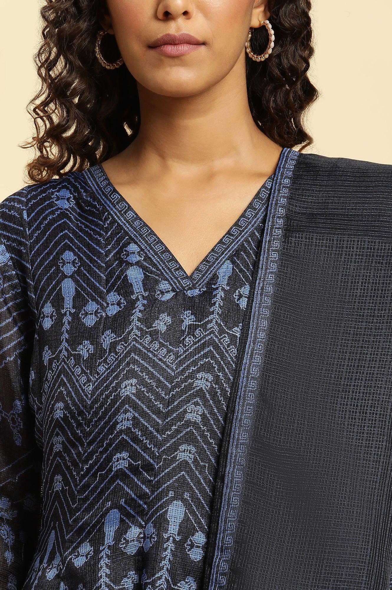 Navy Blue Printed Kota Kurta, Pants And Dupatta Set - Image 7
