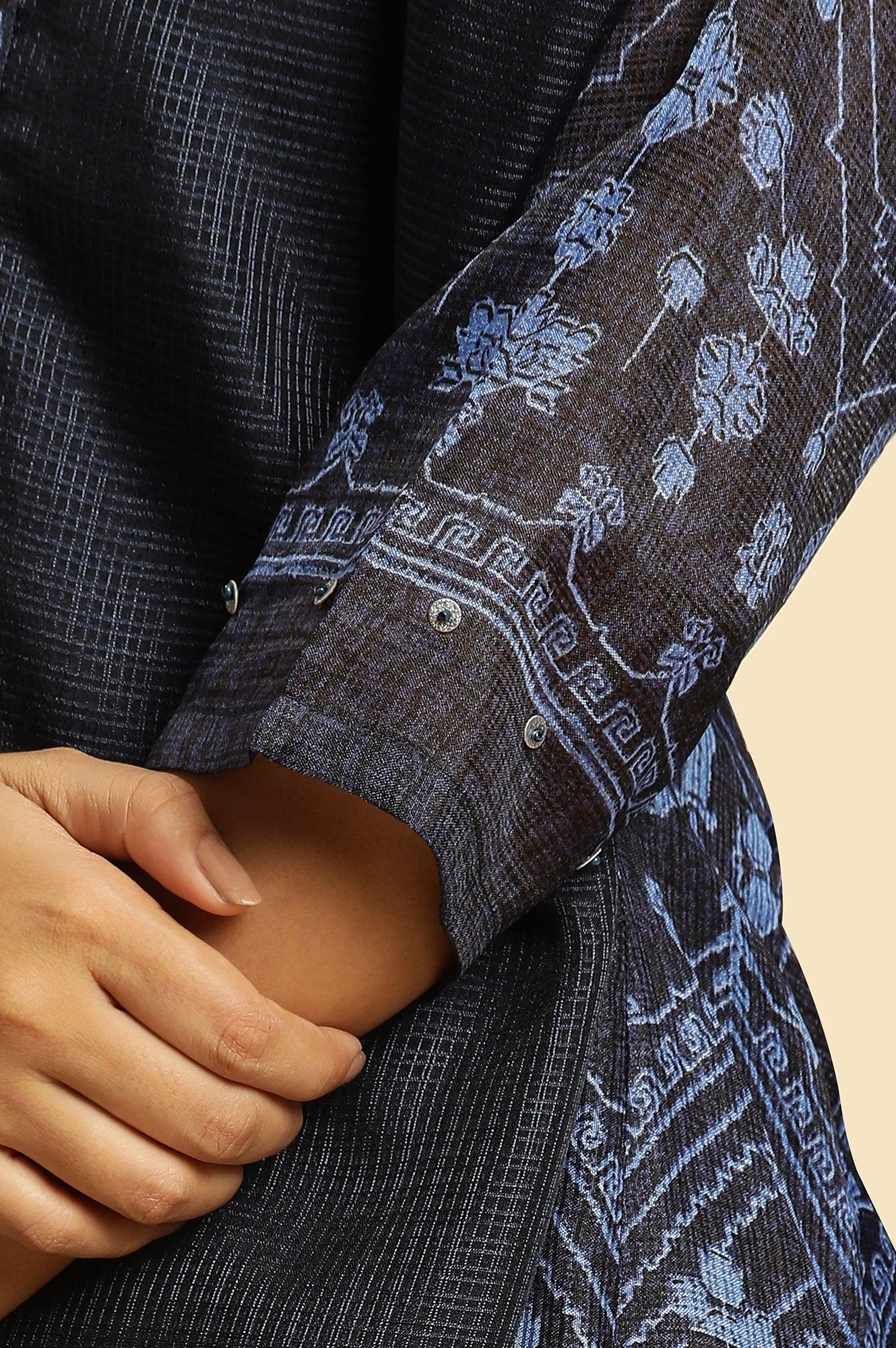 Navy Blue Printed Kota Kurta, Pants And Dupatta Set - Image 8