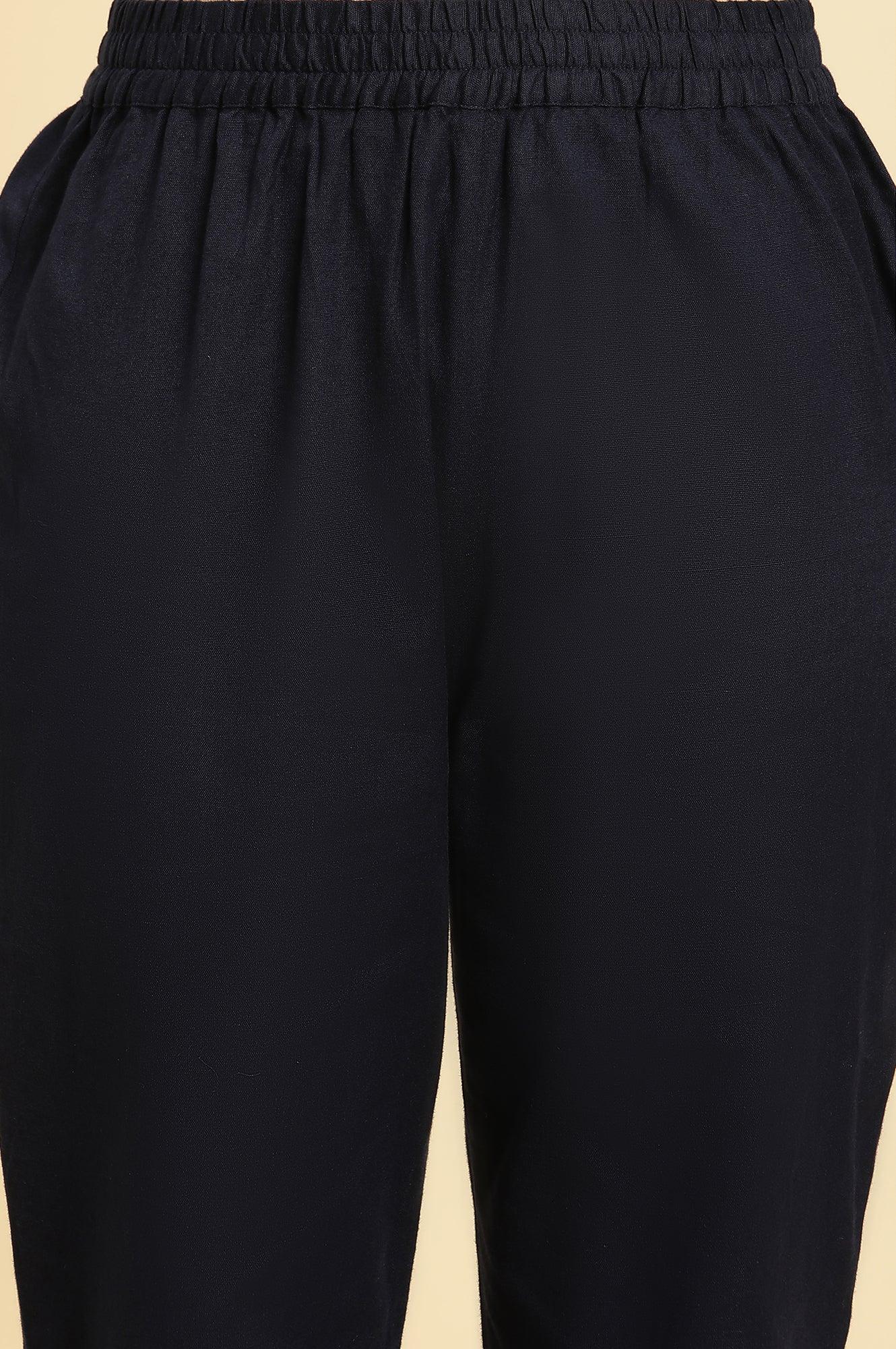 Navy Blue Printed Kota Kurta, Pants And Dupatta Set - Image 9