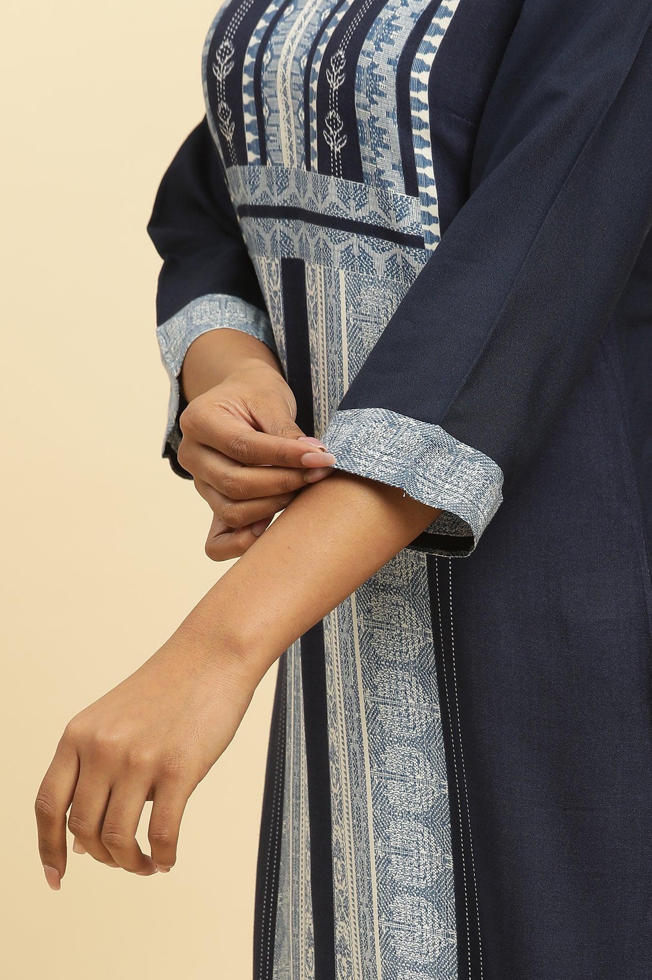 Navy Blue Printed Kurta And Tights - Image 7