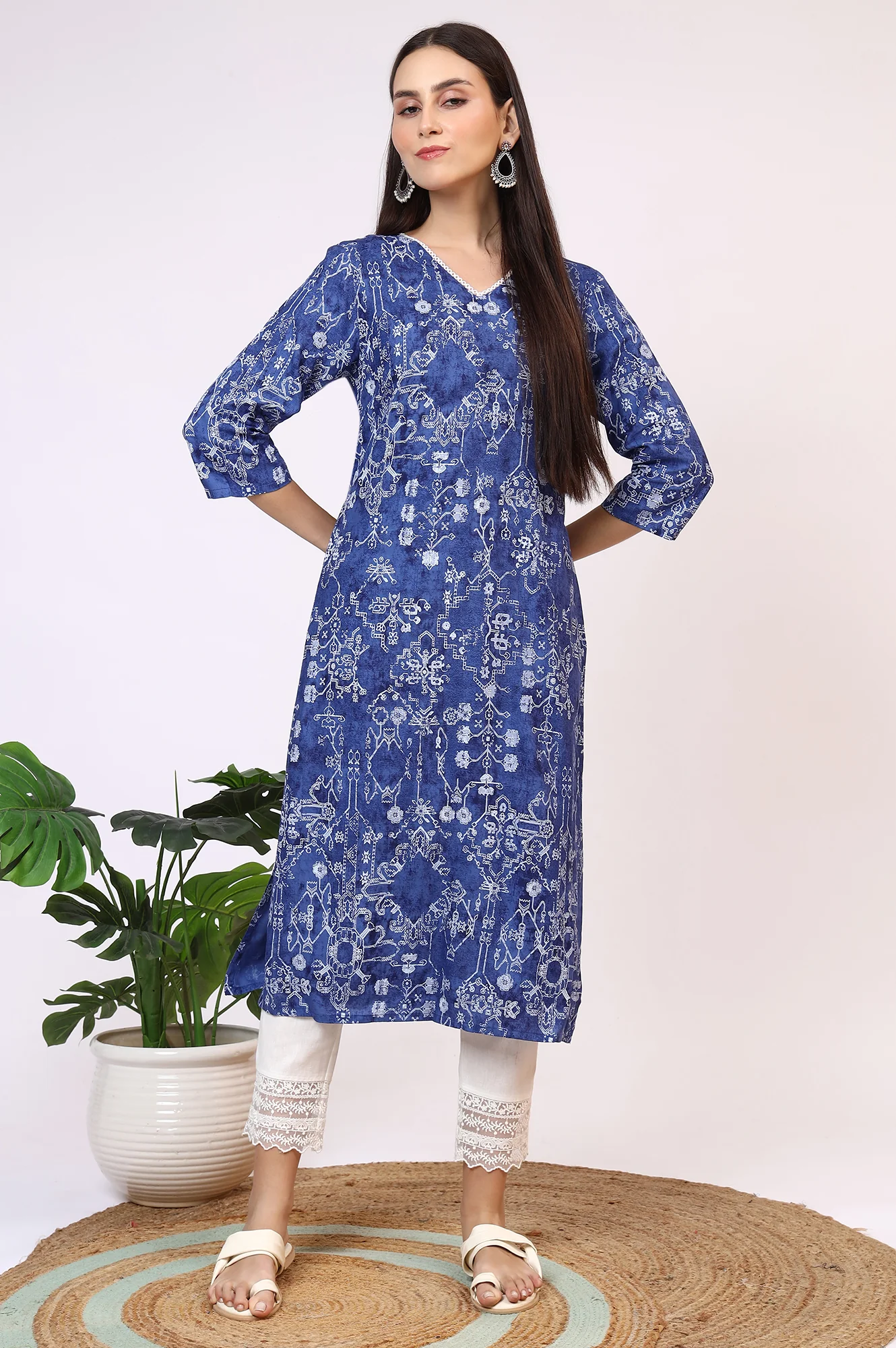 Navy Blue Printed Rayon Straight Kurta with Lace - Image 2