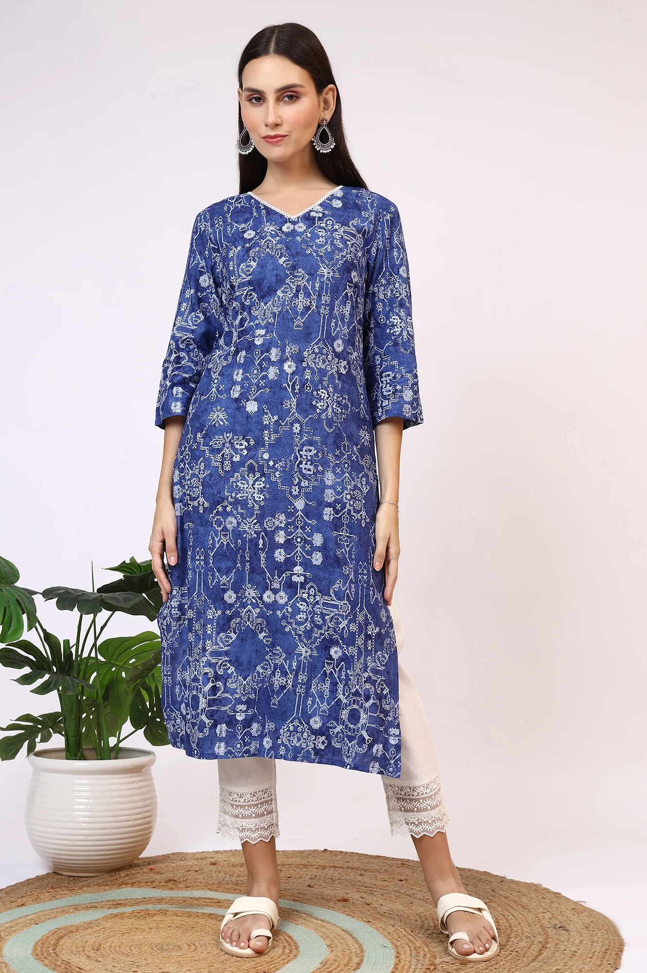 Navy Blue Printed Rayon Straight Kurta with Lace - Image 3