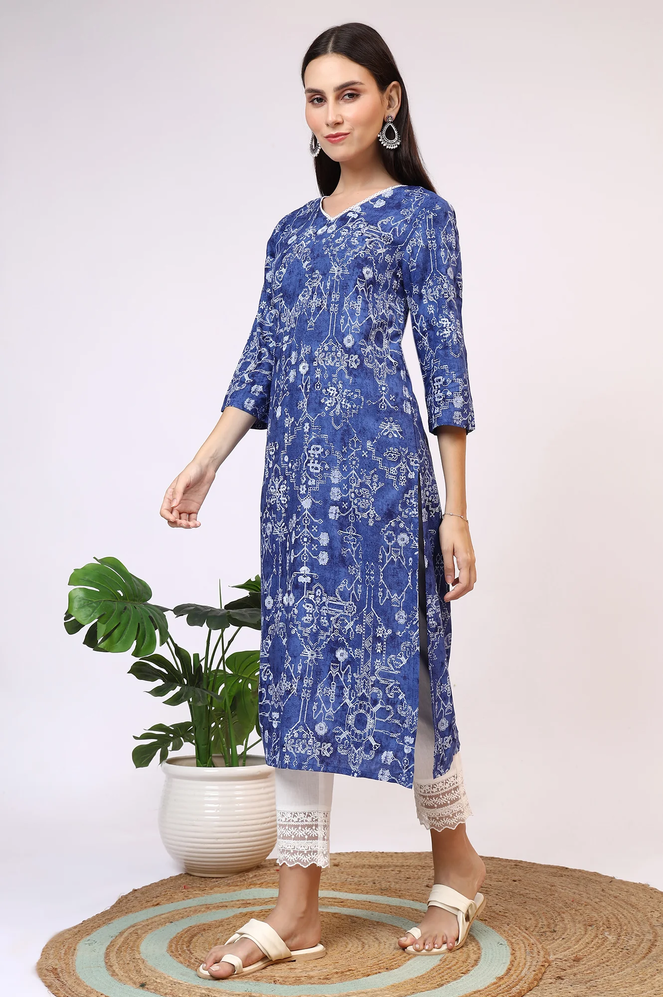 Navy Blue Printed Rayon Straight Kurta with Lace - Image 5